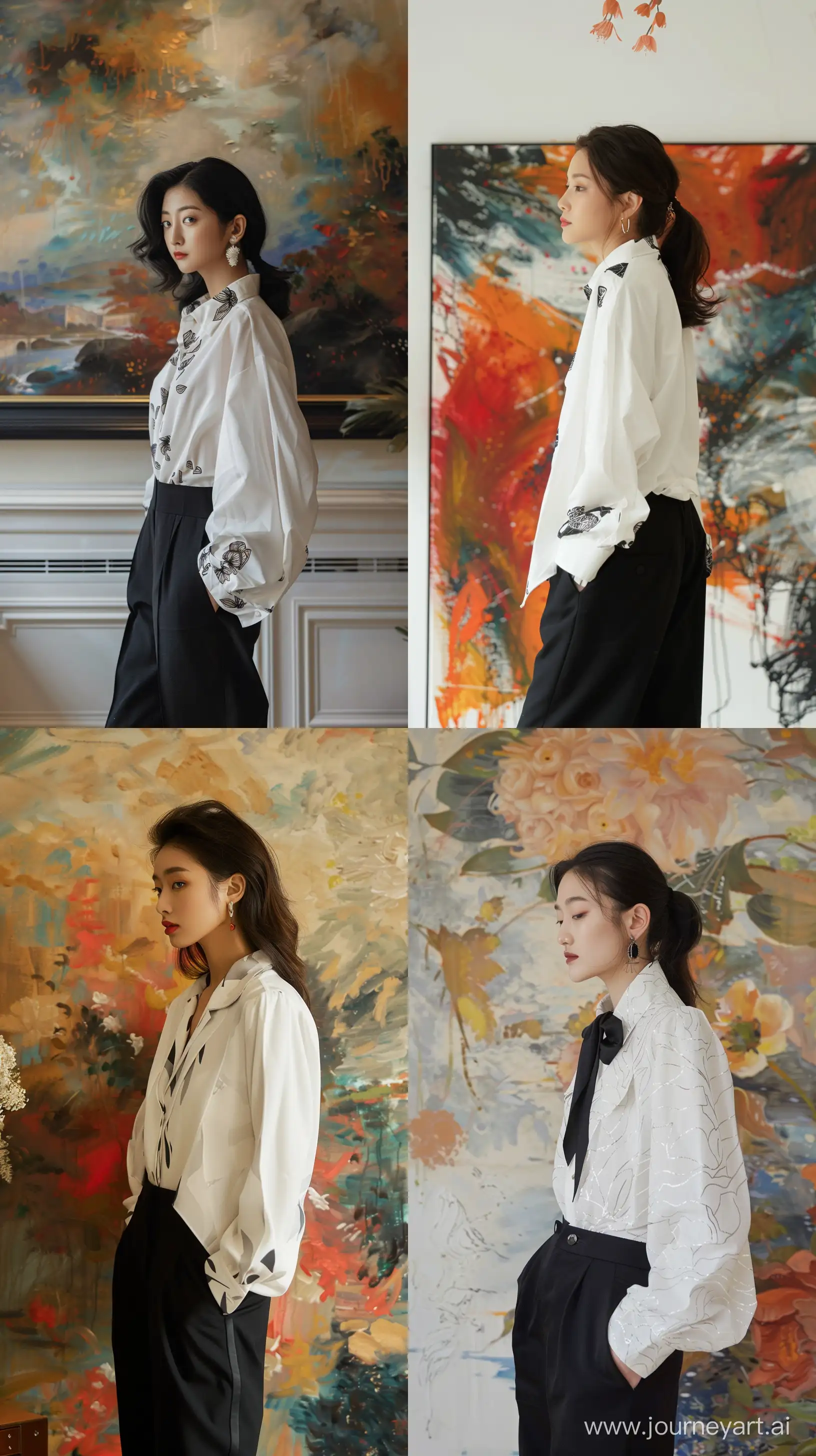 A profile beautiful Asian woman ,wearing white oversize motived blouse and black oversize suit pants profile standing front of painting, --ar 9:16
