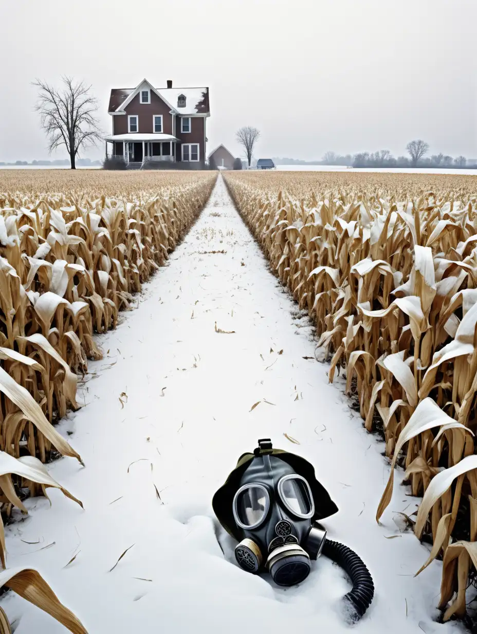 dead tall cornfield to the side, light snow on the ground, house in the distance, gas mask laying on ground 
