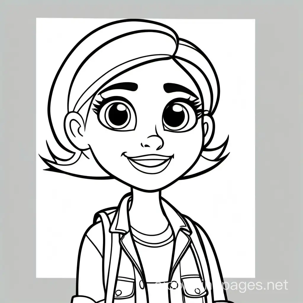 woman, flat, Pixar style, big head, Coloring Page, black and white, line art, white background, Simplicity, Ample White Space. The background of the coloring page is plain white to make it easy for young children to color within the lines. The outlines of all the subjects are easy to distinguish, making it simple for kids to color without too much difficulty