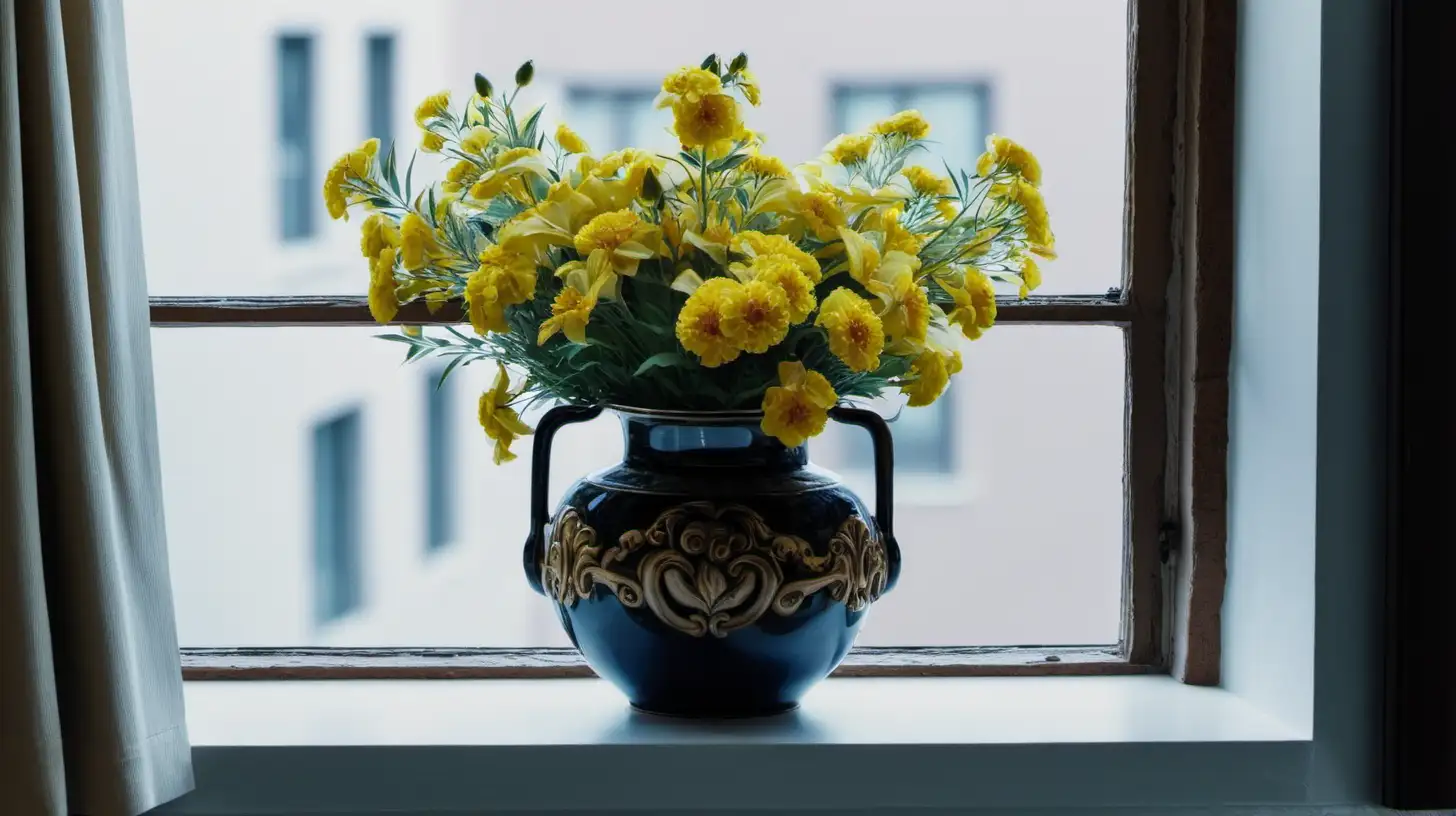 Bright Yellow Flowers Adorn a Window Ledge Vase