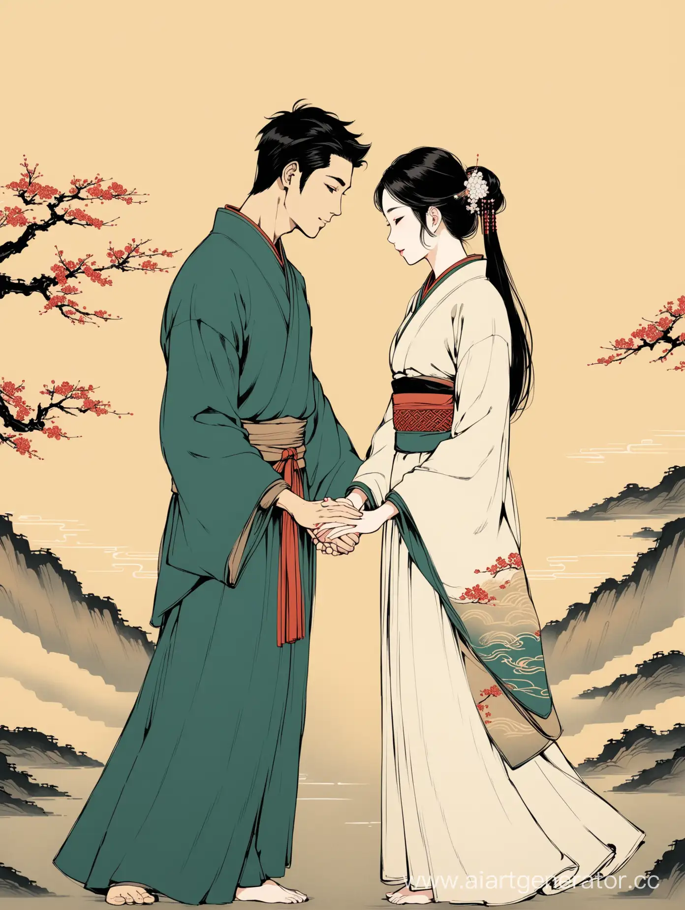 Traditional-Asian-Couple-Holding-Hands-in-Serene-Painting