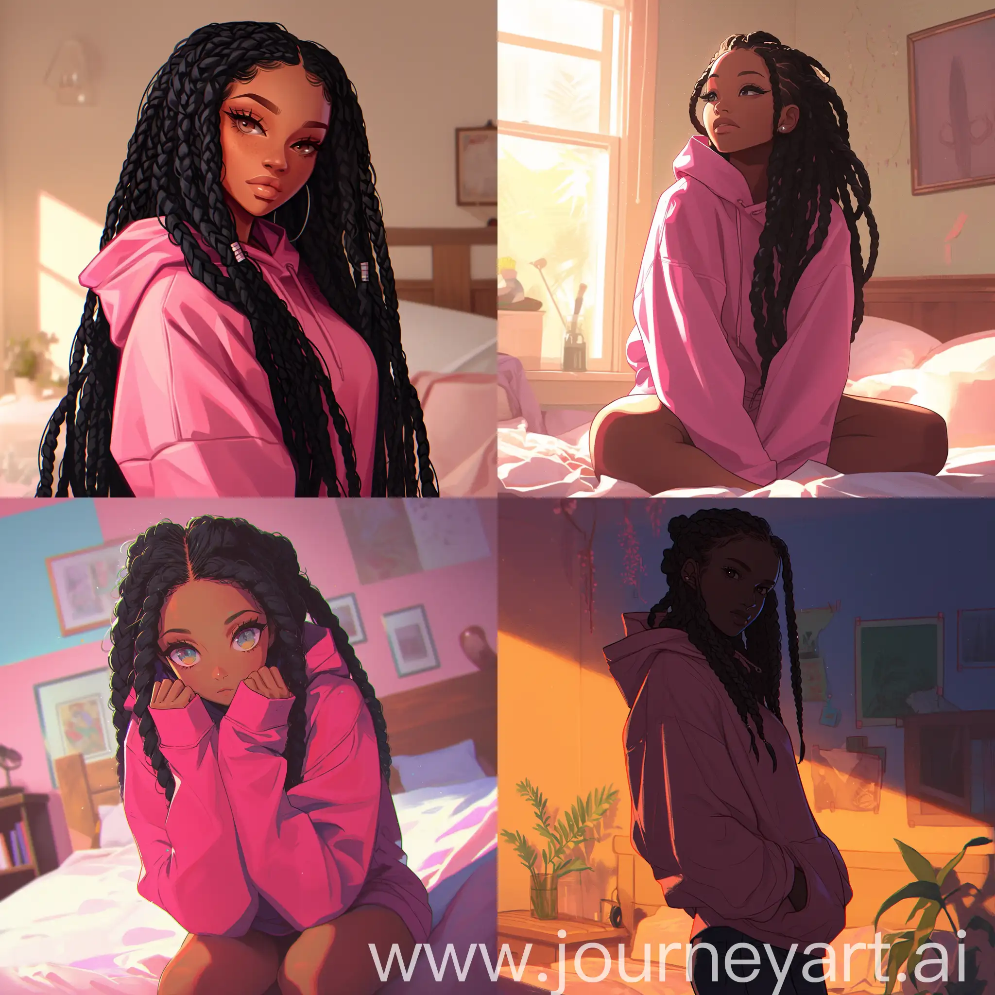 black female, box braids, pink hoodie, bedroom, --niji 6