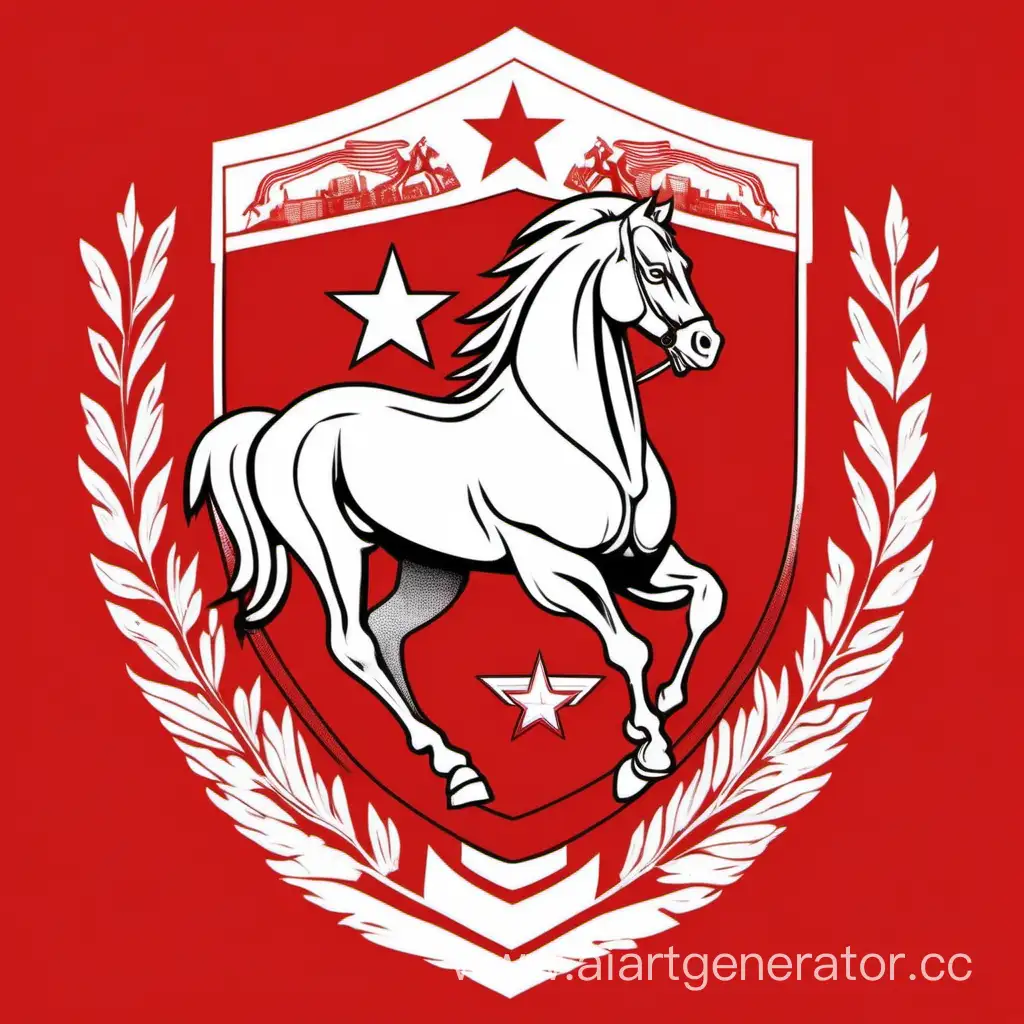 нарисуй советский минималистичный герб в форме щита для города, который 2д и нарисованный, на нем белый конь и задний красный фон