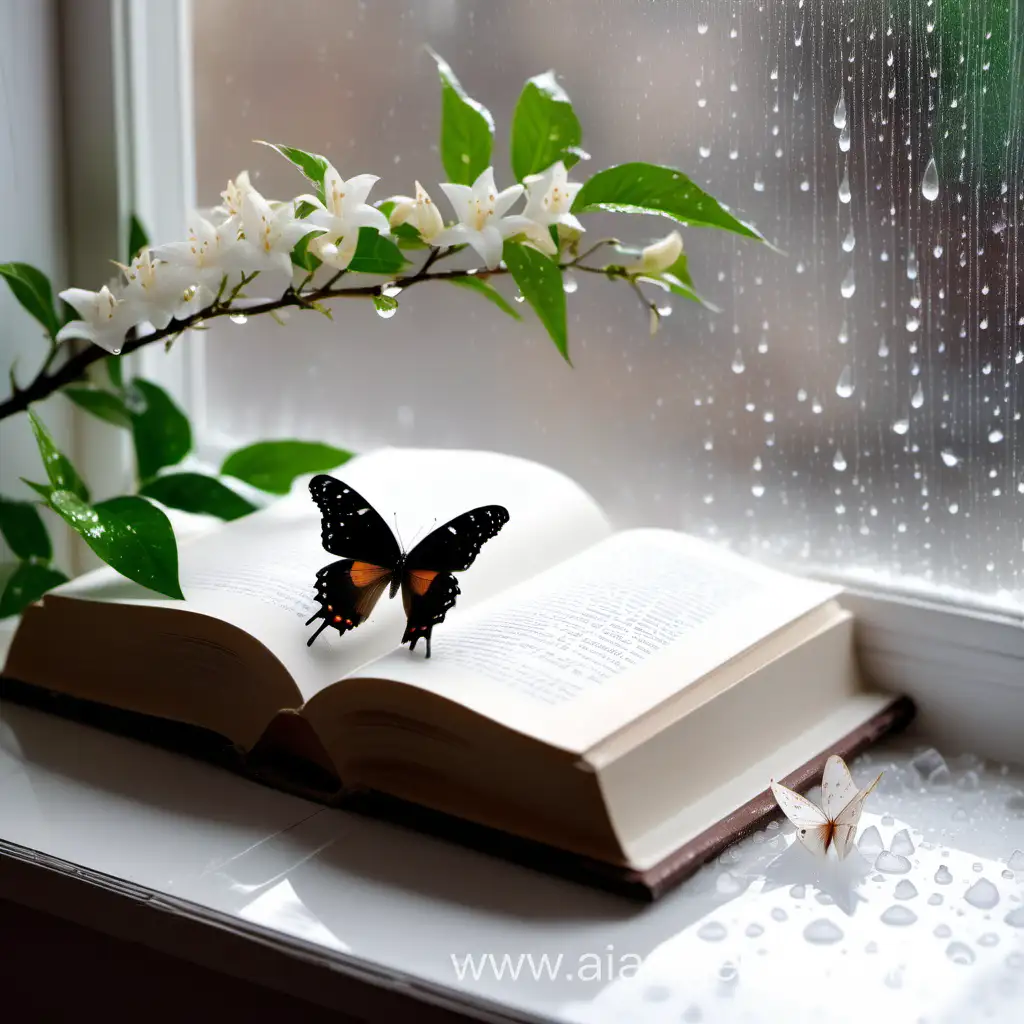 крупным планом на деревянном подоконнике стоит белая книга в твердом переплете, тюль, на стекле окна кали дождя, бабочка, ветка жасмина.