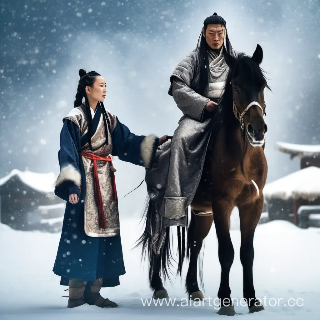 Молодая монголка, с двумя длинными черными косами, в халате, стоит перед мужчиной-монголом, сидящим на коне в халате и доспехах, падает снег