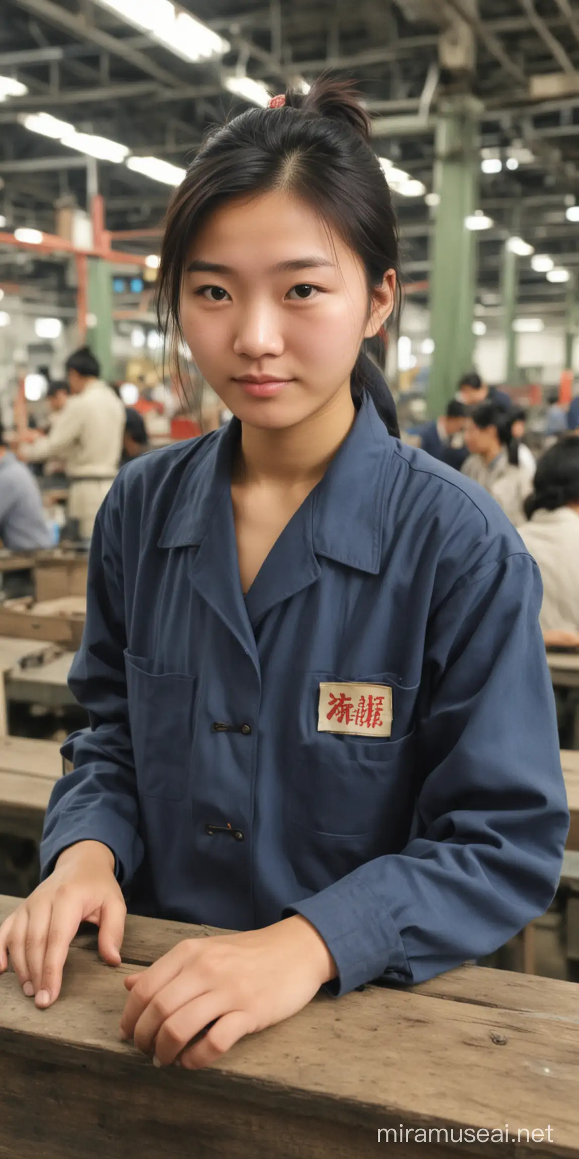 一张看起来有一点模糊的老照片，一位18岁的中国女工人在机械厂上班。