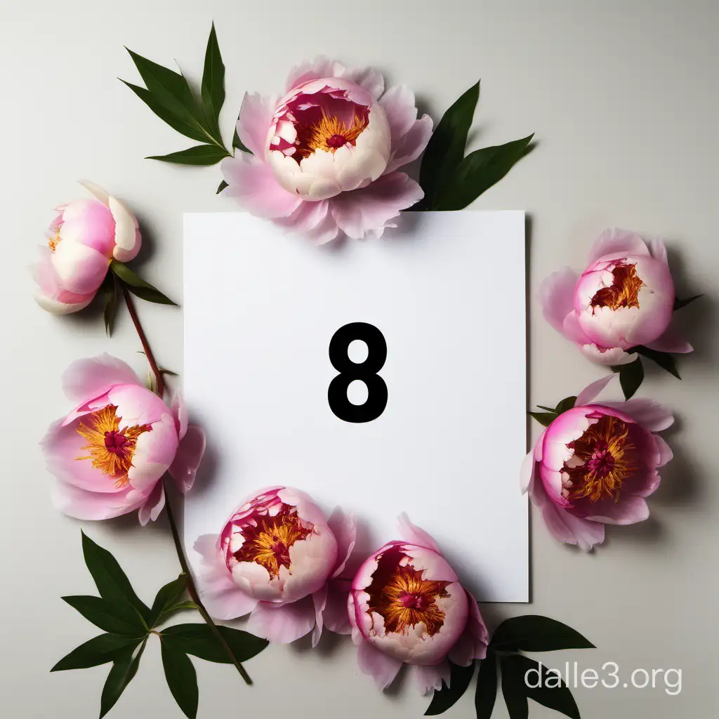 по бокам цветы пионы фотография лежит по центру на белом столе на котором нарисована цифра 8 под фотографией вид сверху вниз на стол 