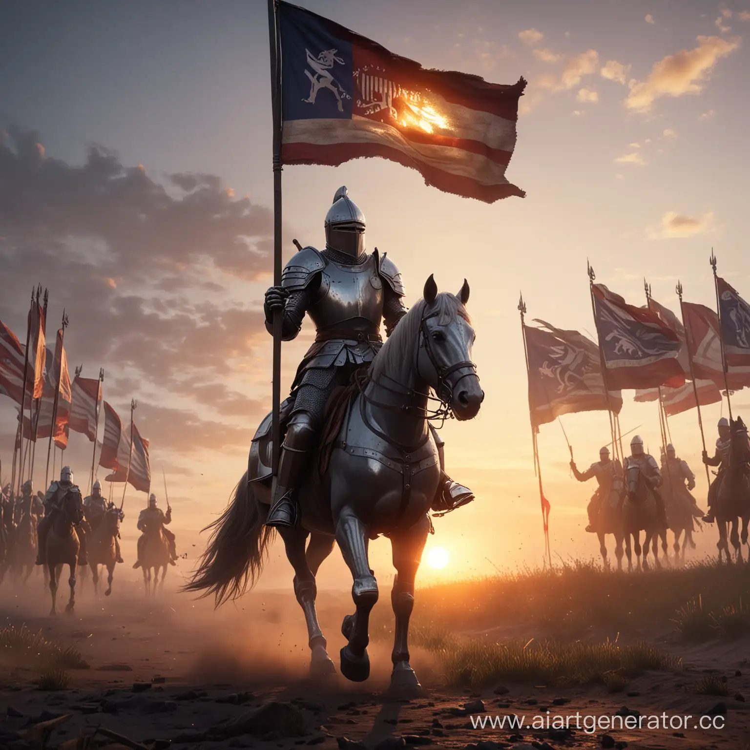 Dawn-Battle-Knight-in-Shining-Armor-on-the-Battlefield-with-Waving-Flags-4K