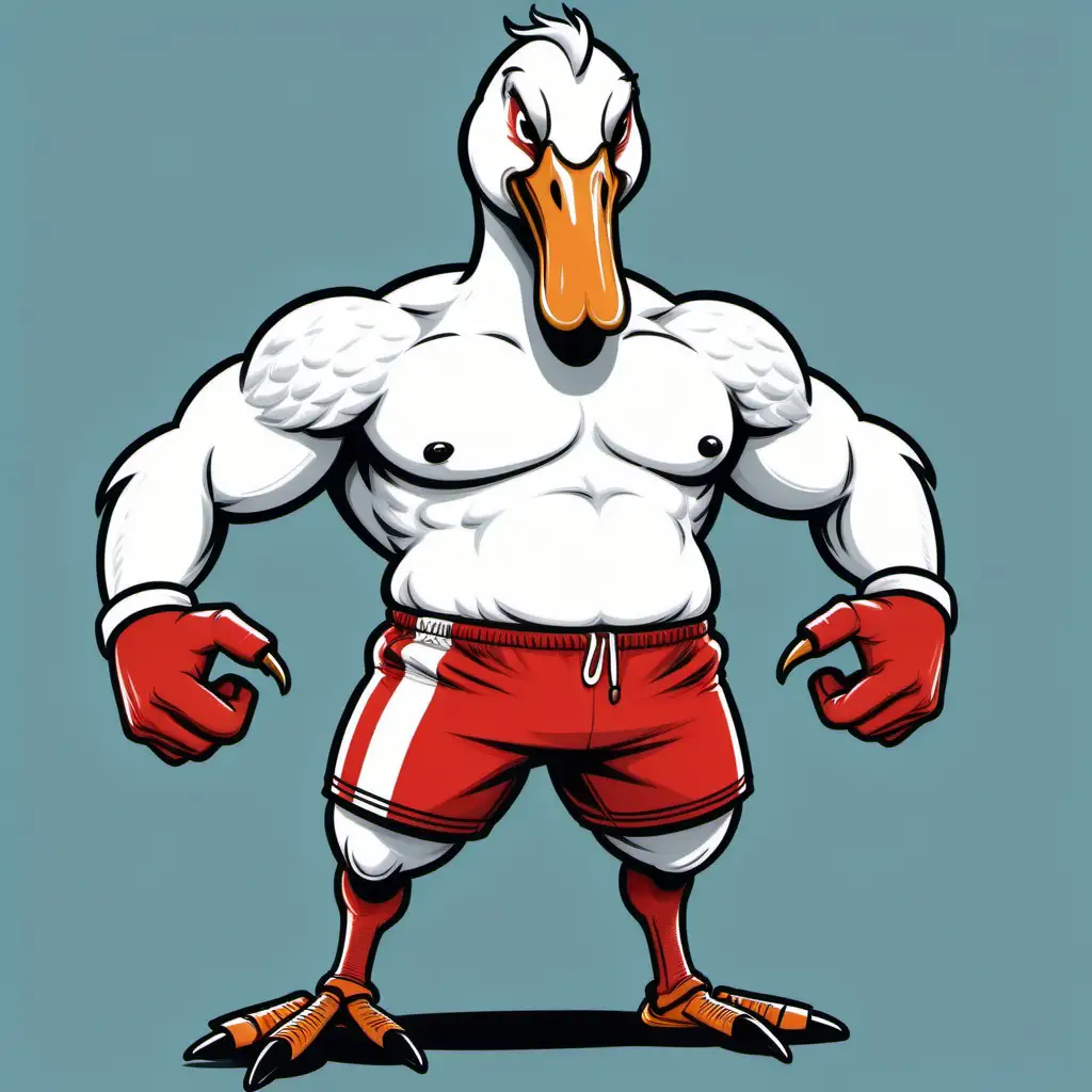 a cartoon drawing of an angry swan swan with muscly arms and legs, wearing red and white football shorts