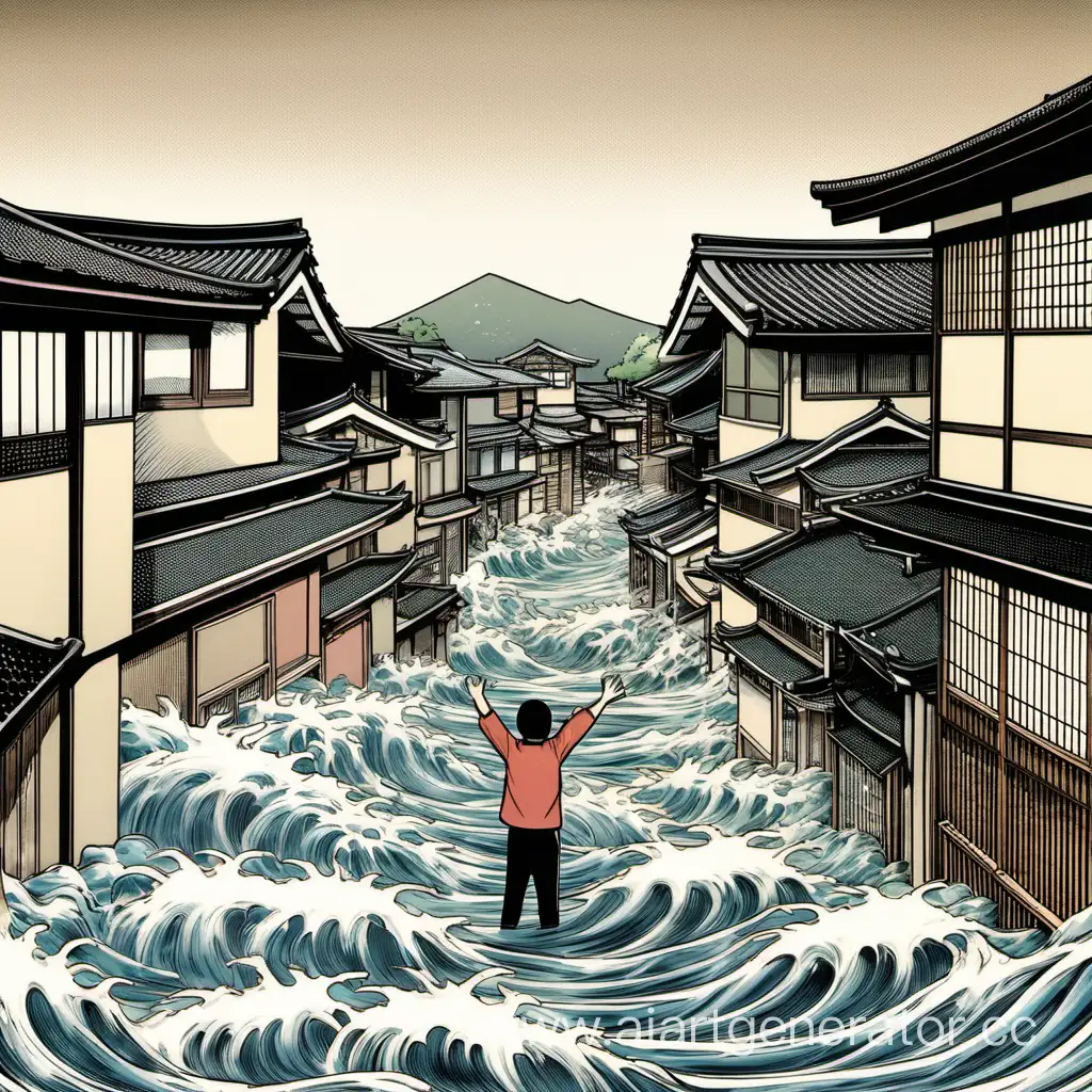 Dramatic-Scene-of-Person-Waving-in-Flooded-Japanese-City-with-Traditional-Architecture