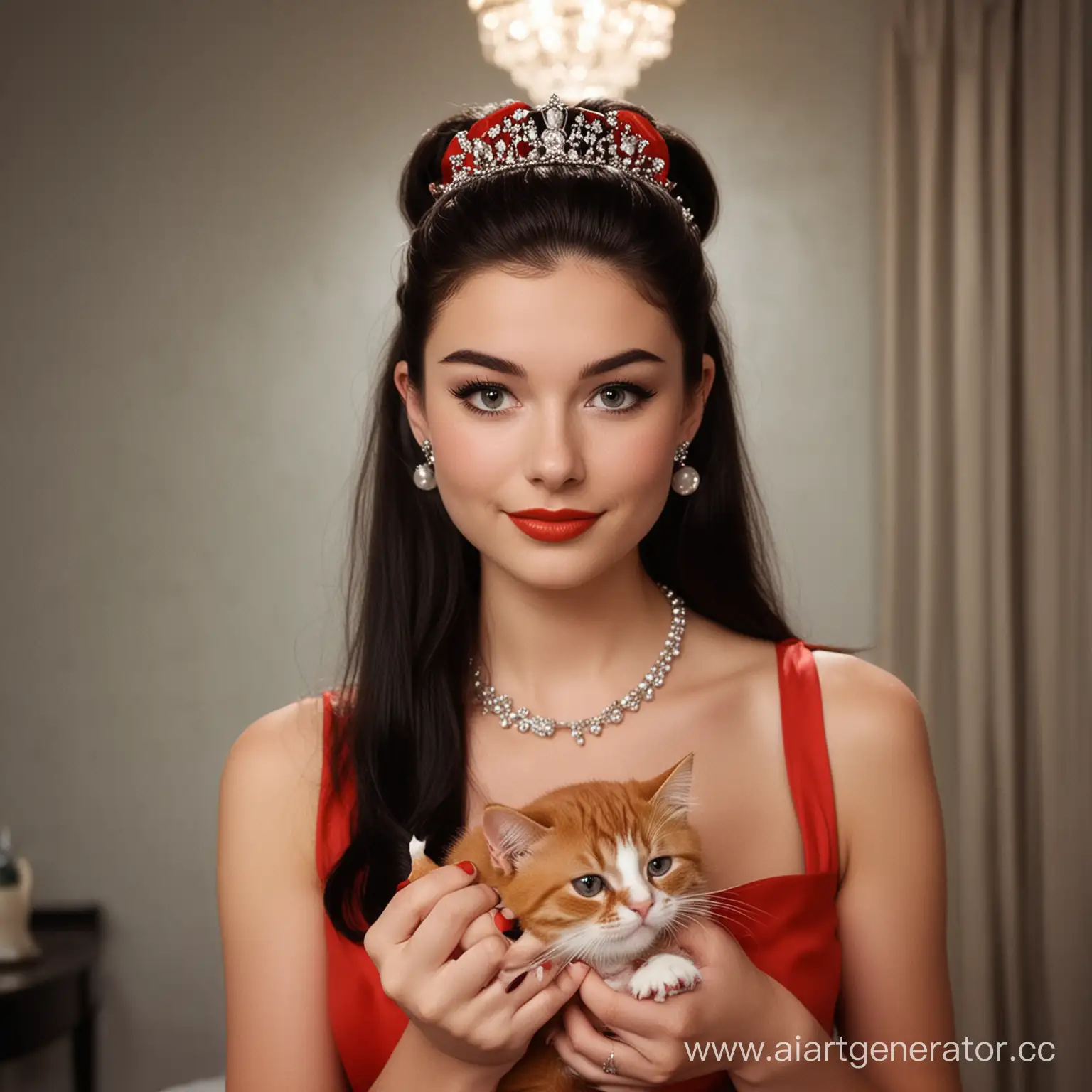 young woman, 19 years old, with dark hair glamour, independent, free-spirited with a red cat like Holly Holightly from "Breakfast at Tiffany's"
