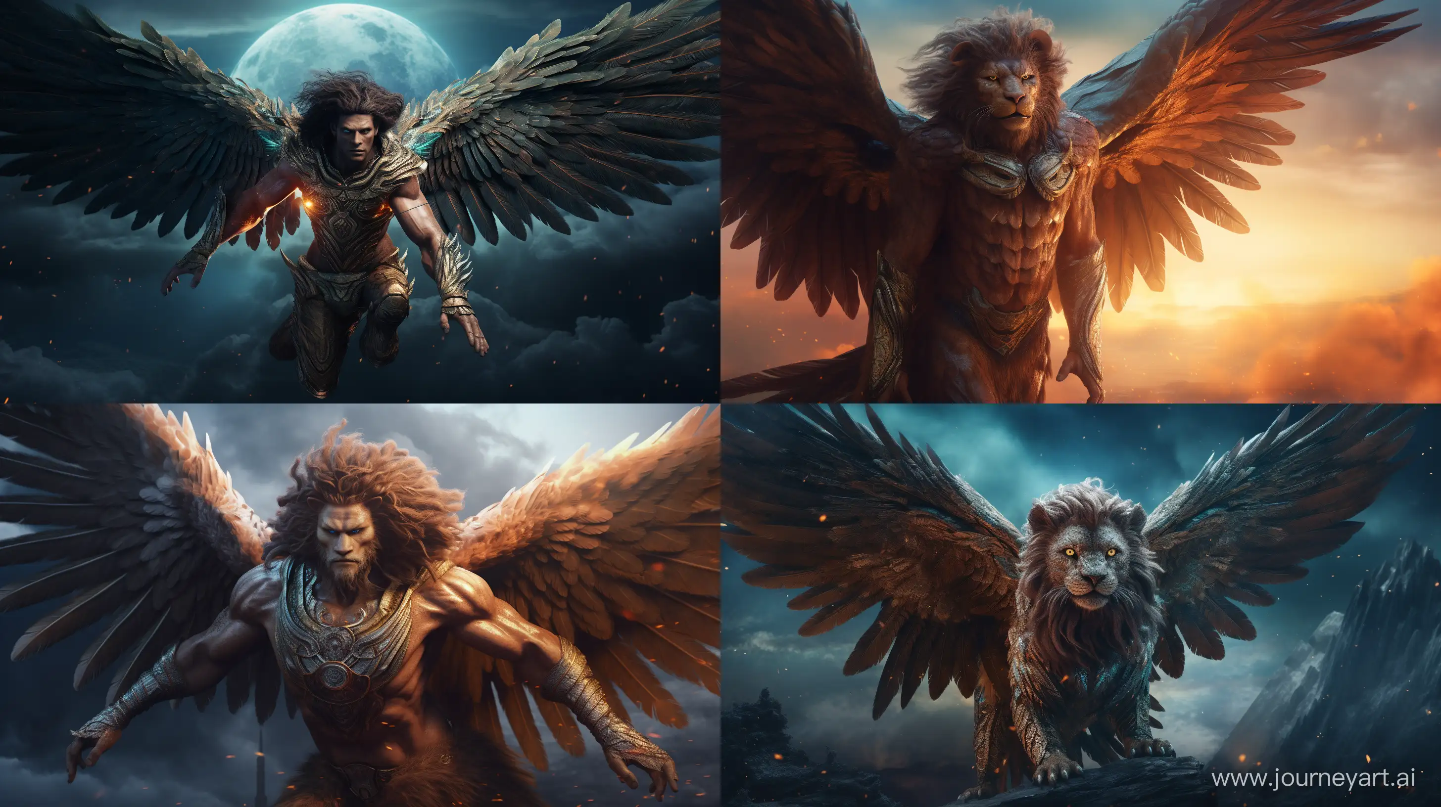 Realistic images depicting a creature with the body of a Lion and has wings from Hindu mythology, fierce look on his face, floating in the sky, celestial sky in the background, intricate details, 8k quality images --ar 16:9 