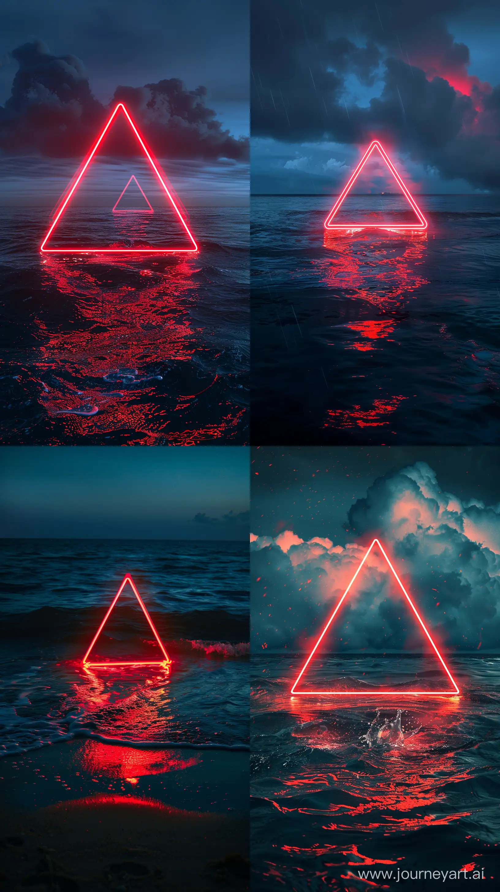 Nighttime-Seascape-with-Neon-Red-Triangle-Realistic-Light-Reflections