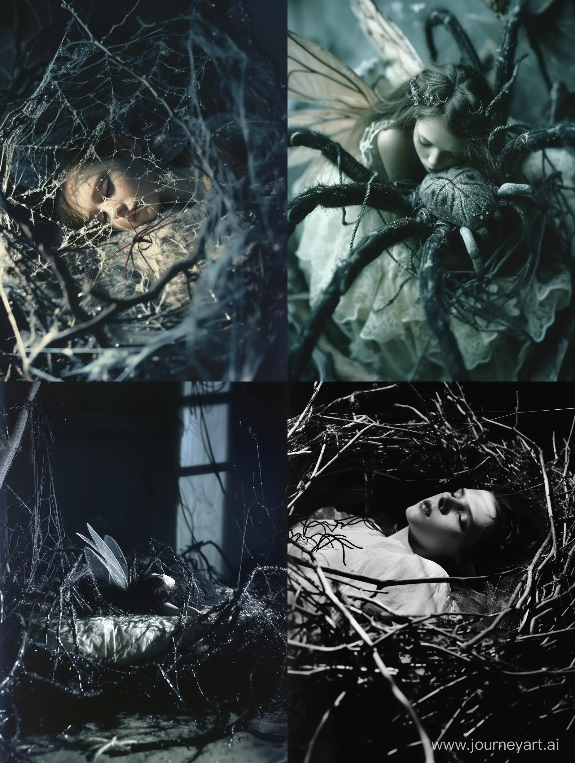 Saturated image of a fairy tangled in a spider bed, horror core, dark aesthetic, taken on provia