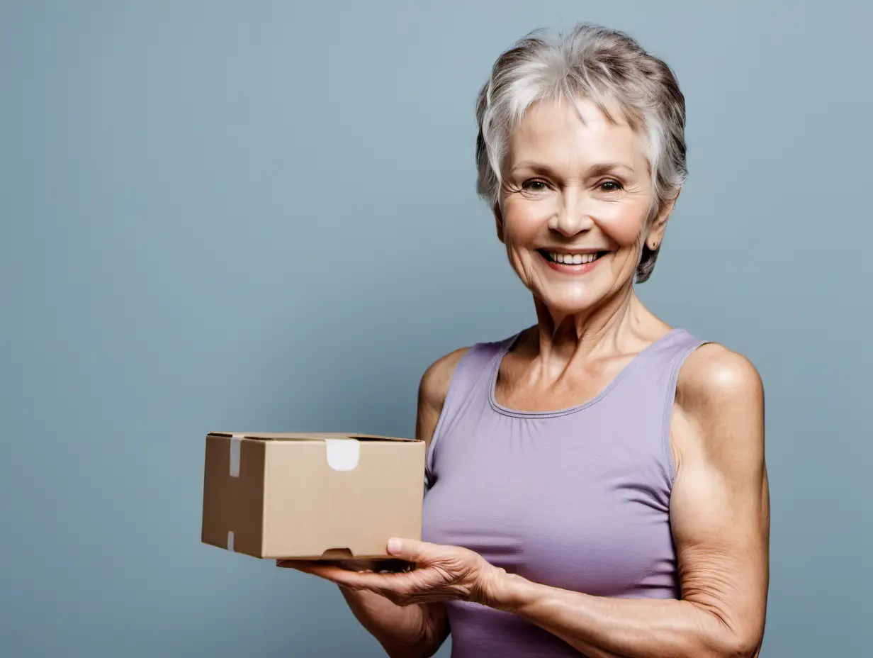 lady in her 60s that is healthy and fit holding a small box up smiling.