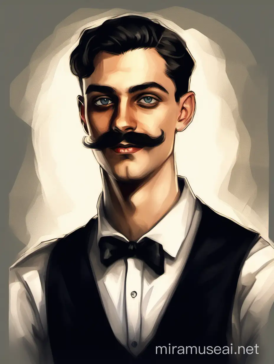 A portrait of a 1920s, 24 years old german-american student. Long face, puberty moustache, short, black, shiny hair, parted in the middle. Kind eyes, timid smile. Wearing a white shirt and a black vest. In the style of a digital paintnig.