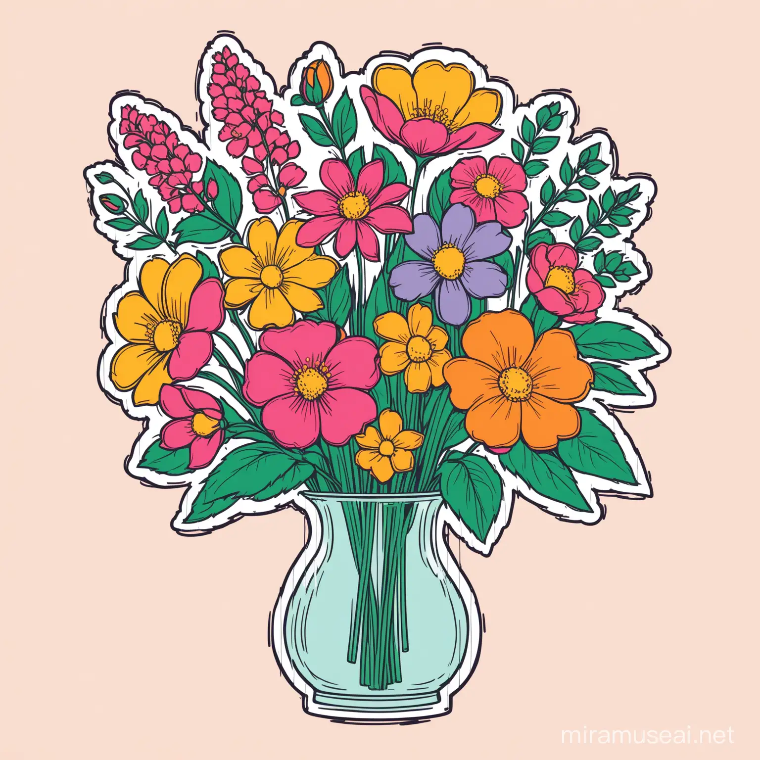 A delicate and elegant lineart vector illustration of birth flowers inside the flower vase, with their vibrant petals and green stems. Sticker retro groovy