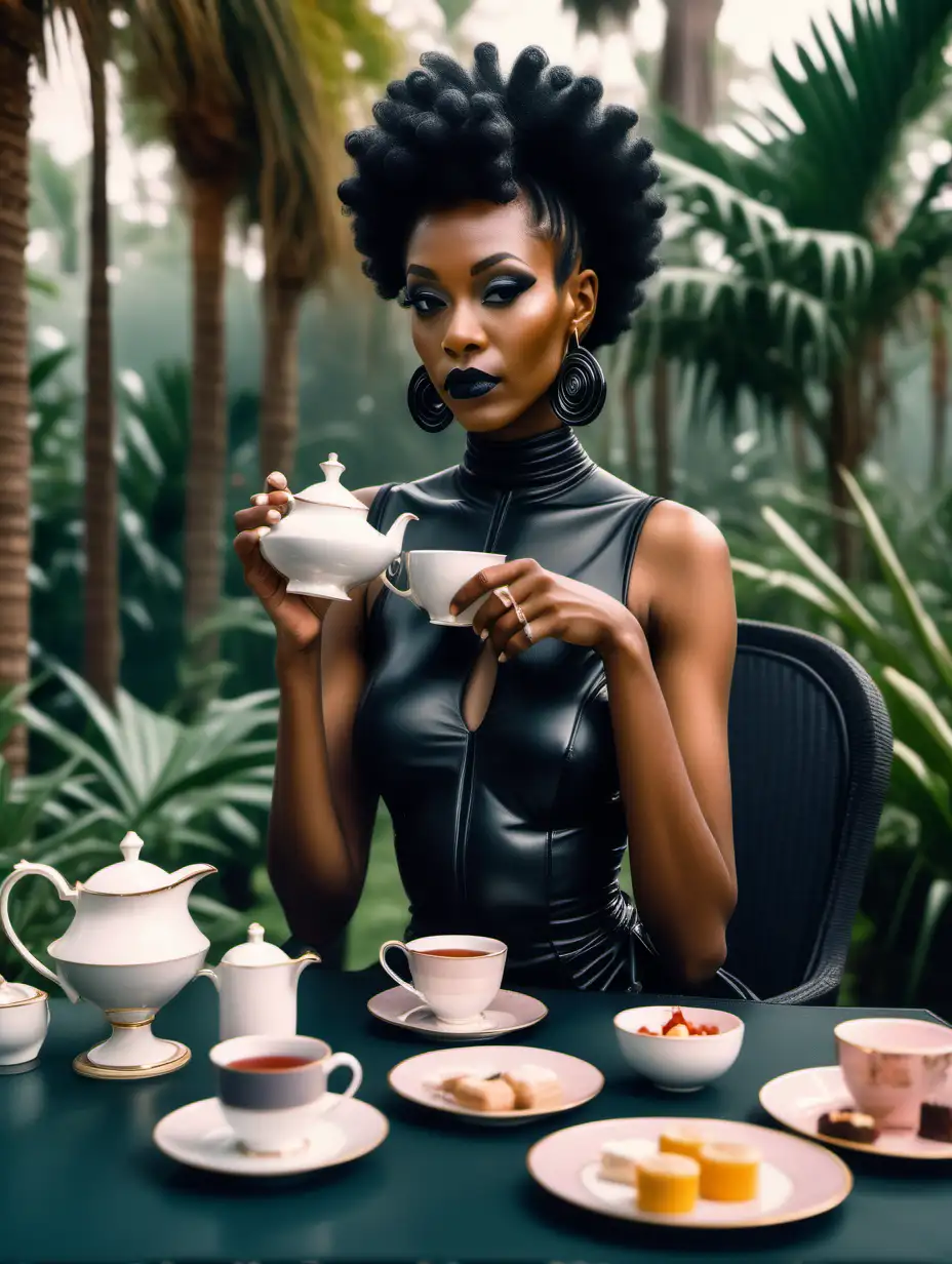 tall black woman model with piercings wearing futuristic black dress, sipping tea with high tea breakfast spread in palm garden, cinematic, soft light, wes anderson color palette, photorealistic