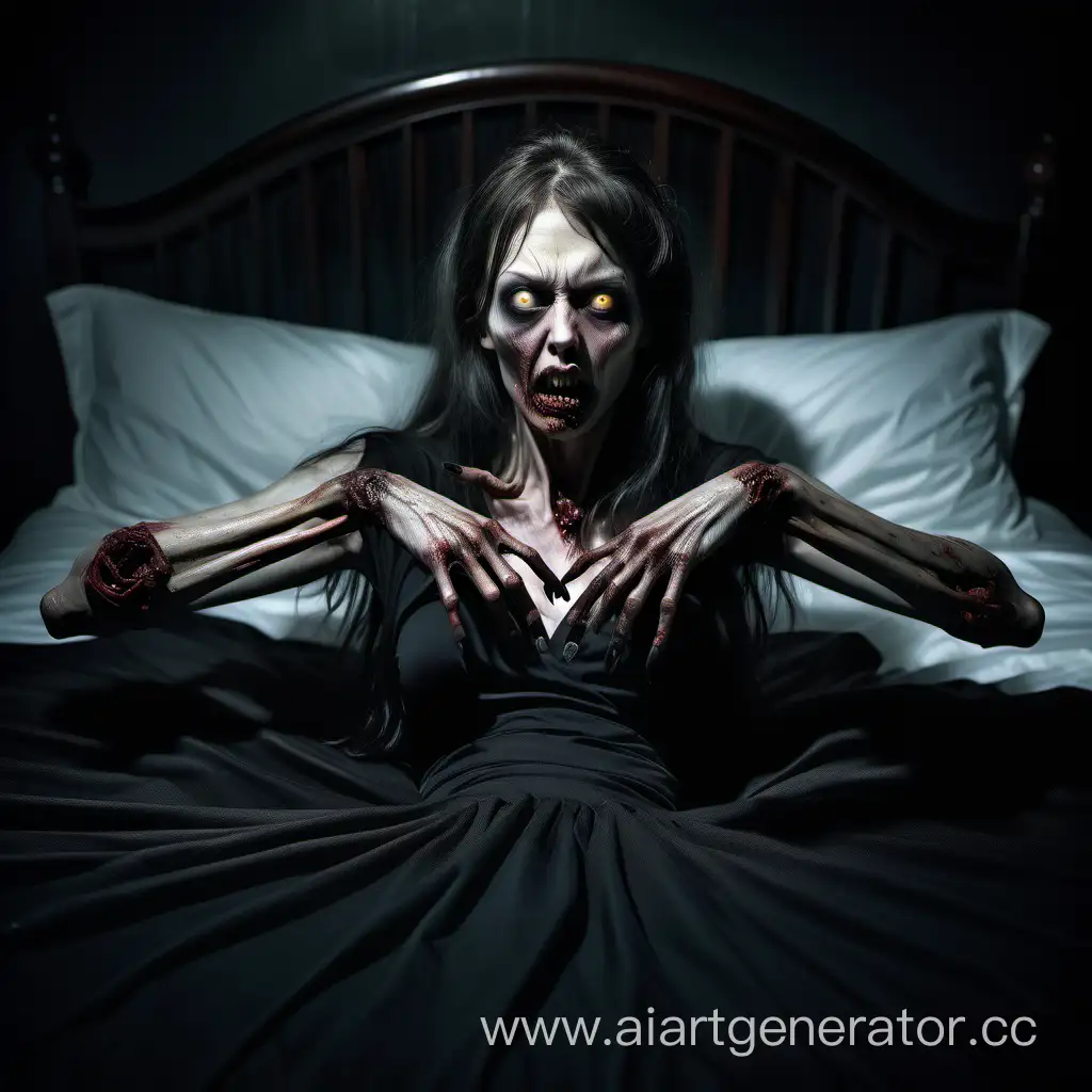 Zombie woman with long curved sharp fingernails, She lies on the bed, stretching out her arms to the viewer She looks beautiful, but her nature is terrible, her empty eyes speak of her hungry She is dressed in a black dress, the whole scene takes place in semi-darkness, The effect is close, hyper realism