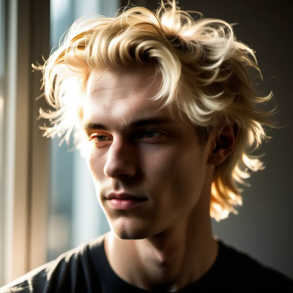 Androgynous beautiful blonde man, photo, 3/4 view, shaggy hair, reflected sunlight 

