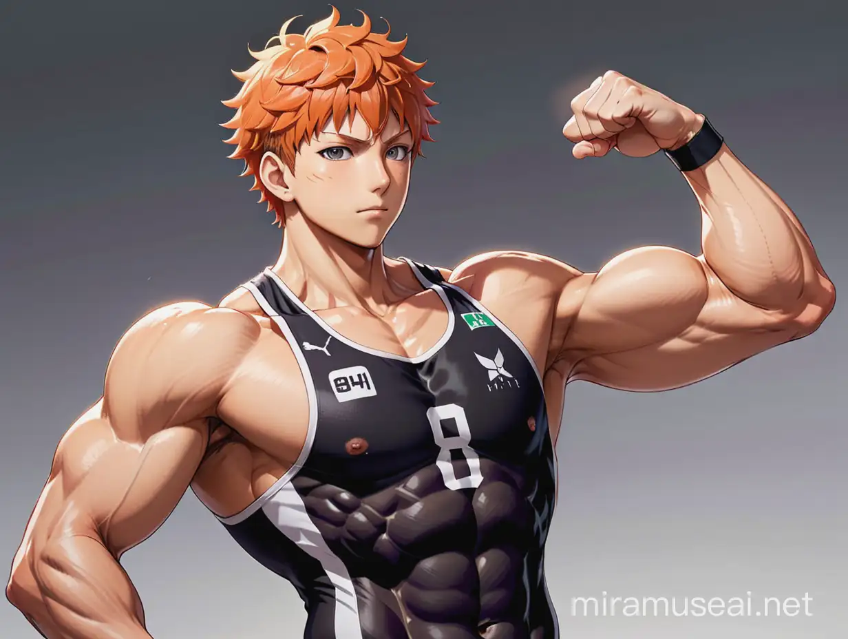 Haikyuu Anime style. Hinata Shouyou, very muscular, big biceps, shirtless, eight pack abs, 3 meter tall. Flexing biceps, comparing muscle with other males