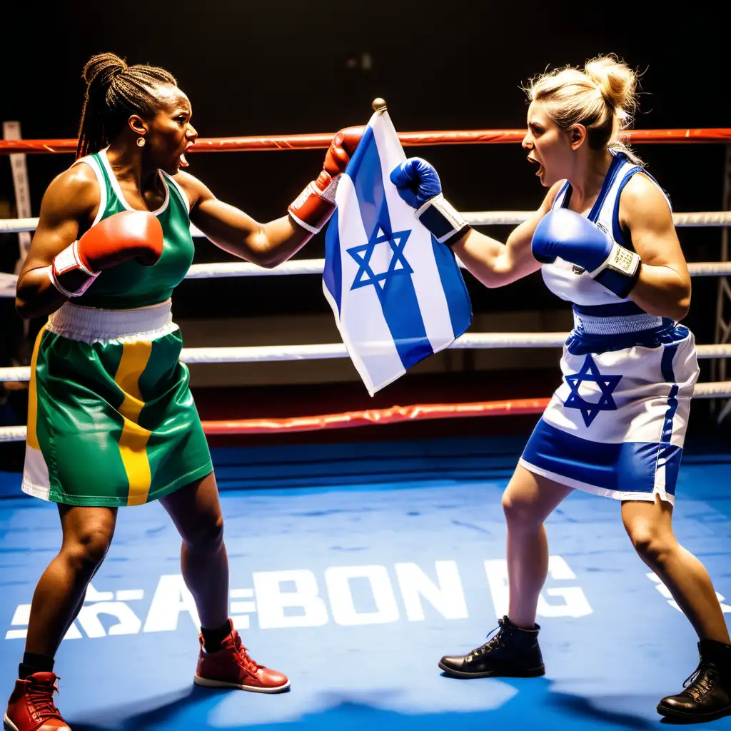 Two ladies, one from South Africa and another from Israel fighting in a boxing match wearing their flags and angry at each other
