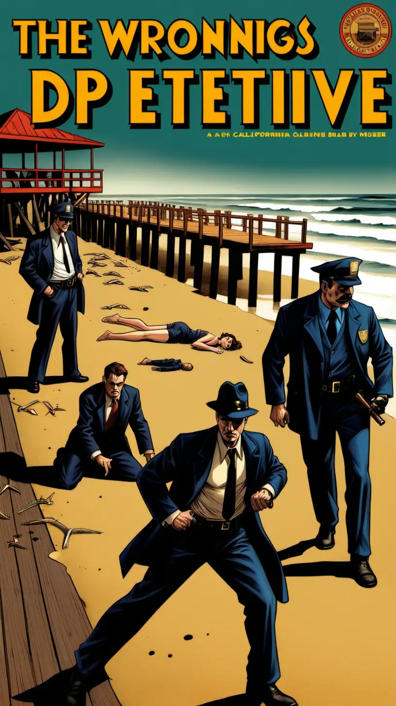 drawn book cover for pulp detective novel, called “The Wrongness”, with police standing round a murder victim on the sand by a pier on a California beach, in the style of Ross Macdonald