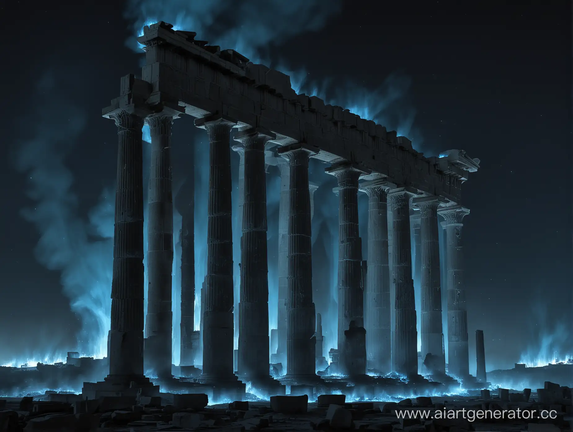 Большая местностьв темноте и в анфас, похожая на Парфенон, с большими разрушенными столбами, охвачеными синим огнем