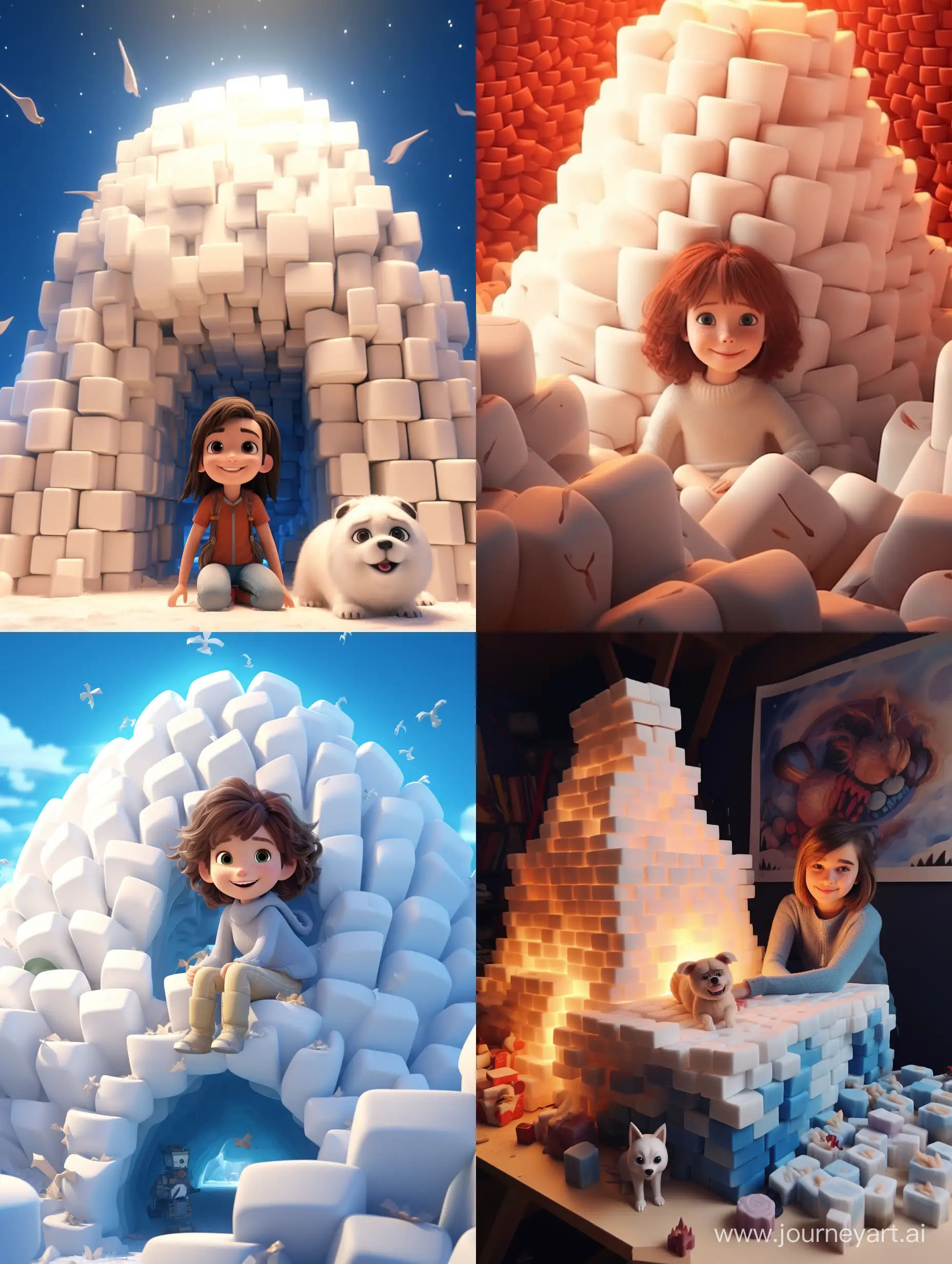 Girl  created an igloo from blocks of snow. Pixar Style animal 3d Style