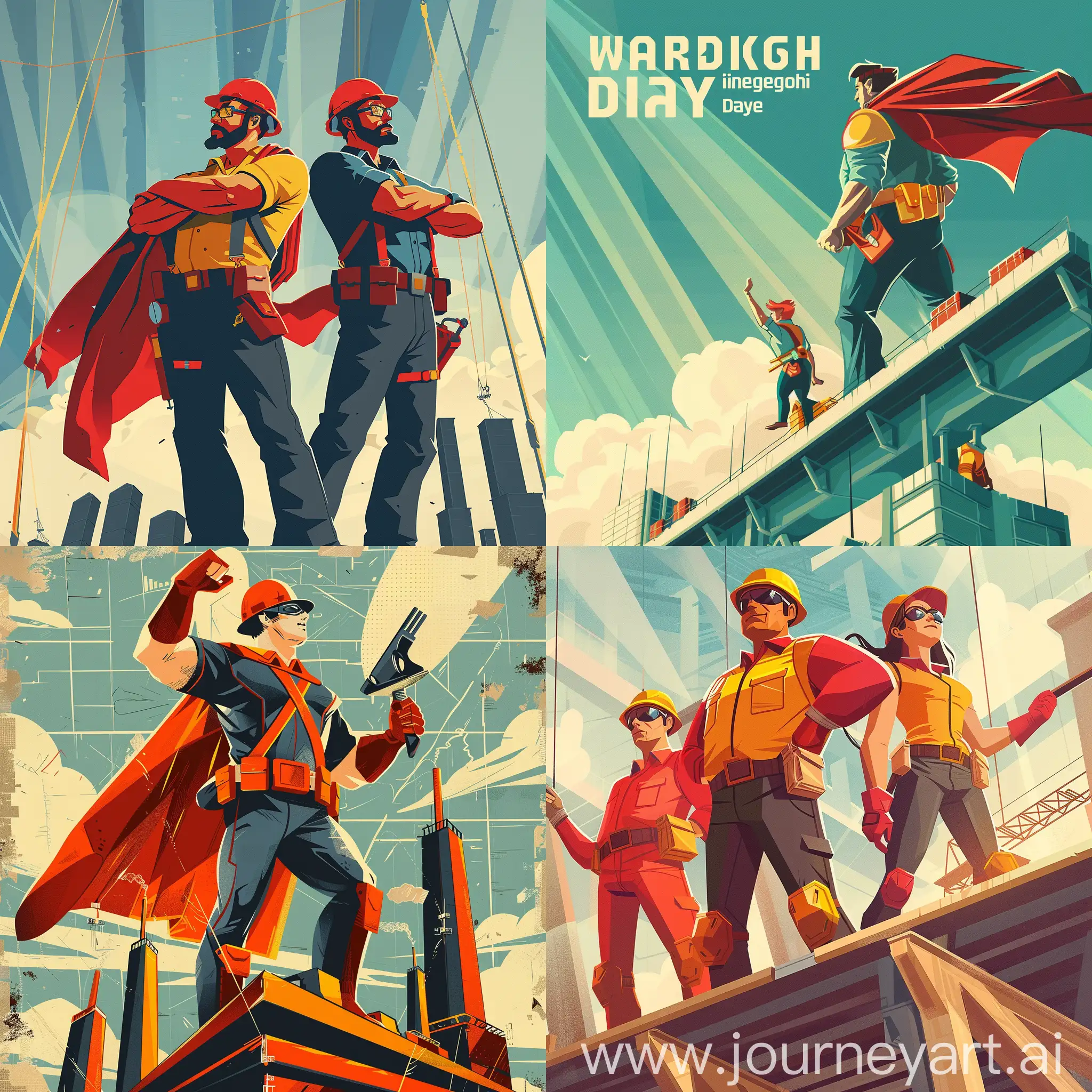 World engineering day poster for civil engineering consultants depict civil engineers as heroes. Should be ironic and for knight piesold company for our employees.