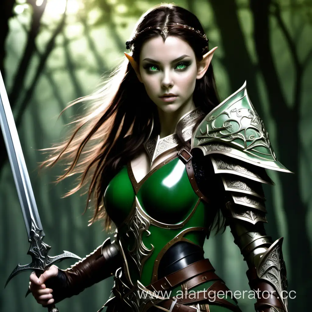 Green eyed elven girl, with sword, armor, brunette