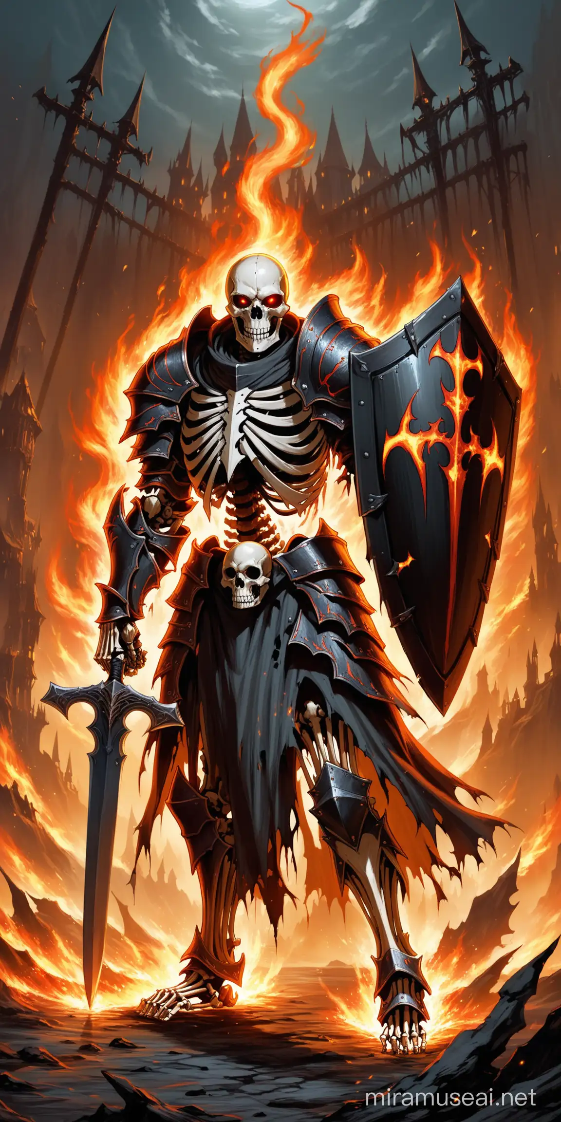 concept art, stalfos, skeleton knight, white bones, warn armor and torn cloth falling off his bones, red eyes of fire, blade in his right hand, iron shield with rivets on his left arm, guarded stance