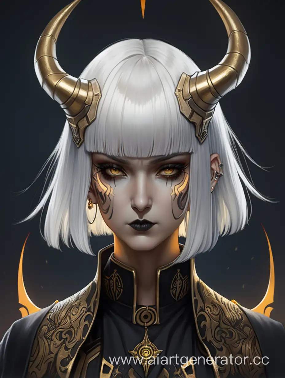 Demon, short white hair with bangs, cyberpunk black and golden priest robe, tattoo, horns, female character 