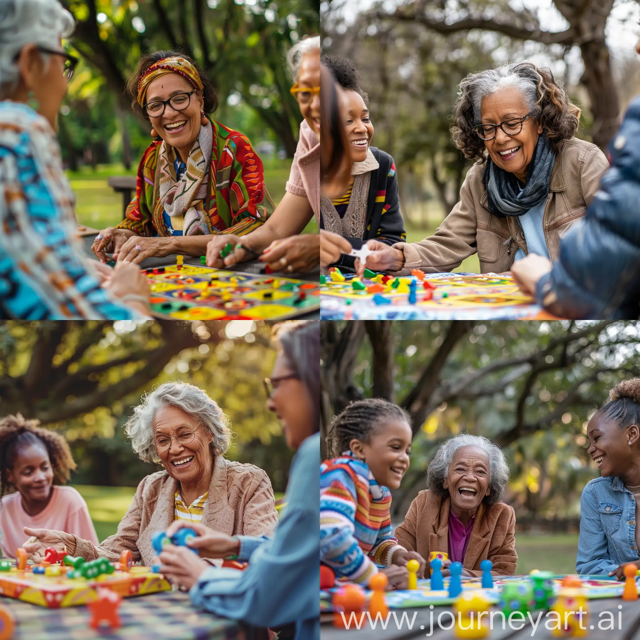 old modern brown woman playing family games with friends, having fun, outdoors
