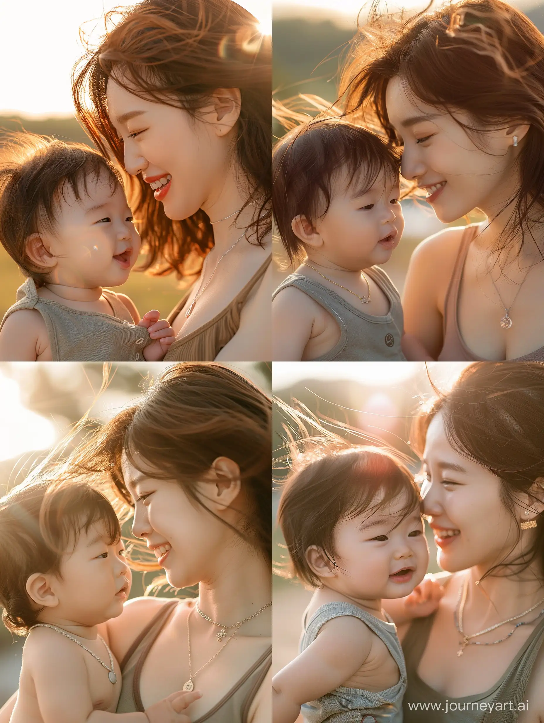 professional photo of Side view of baby with forehead close to beautiful Korean female, brown hair, tank top necklace, both smile, hair blowing in the wind, sun ray is background