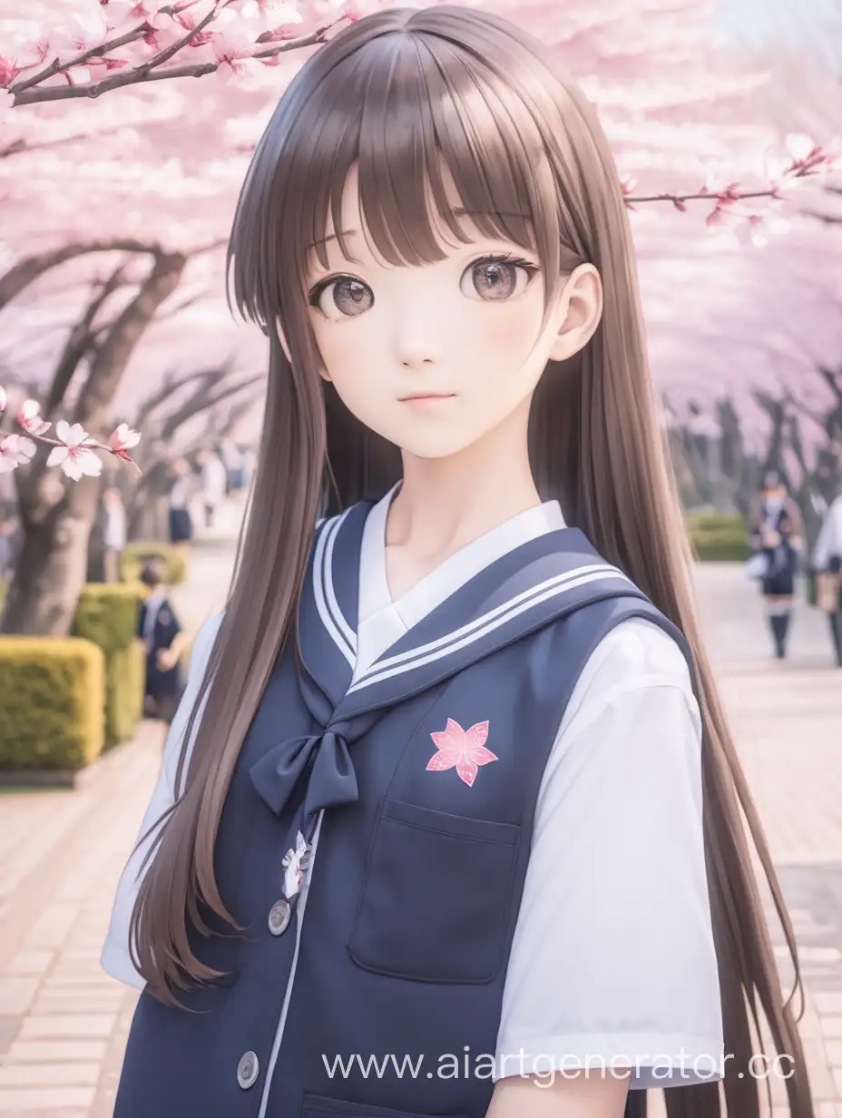 Girl wears school uniform, looks cute, she has long hair, there is sakura in the background 