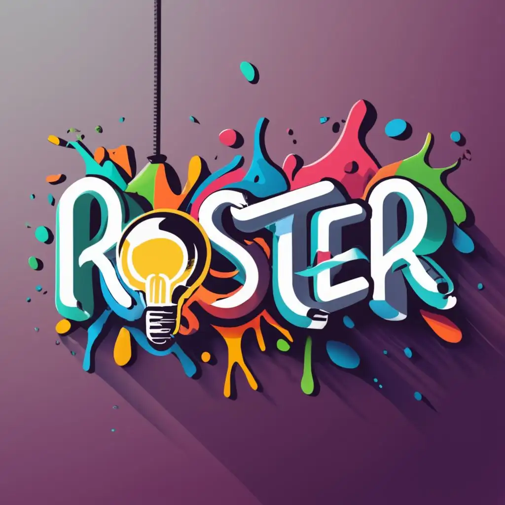 logo, light bulb font in vector style with colour fade, with a splash like artwork, with the text "Roster", typography