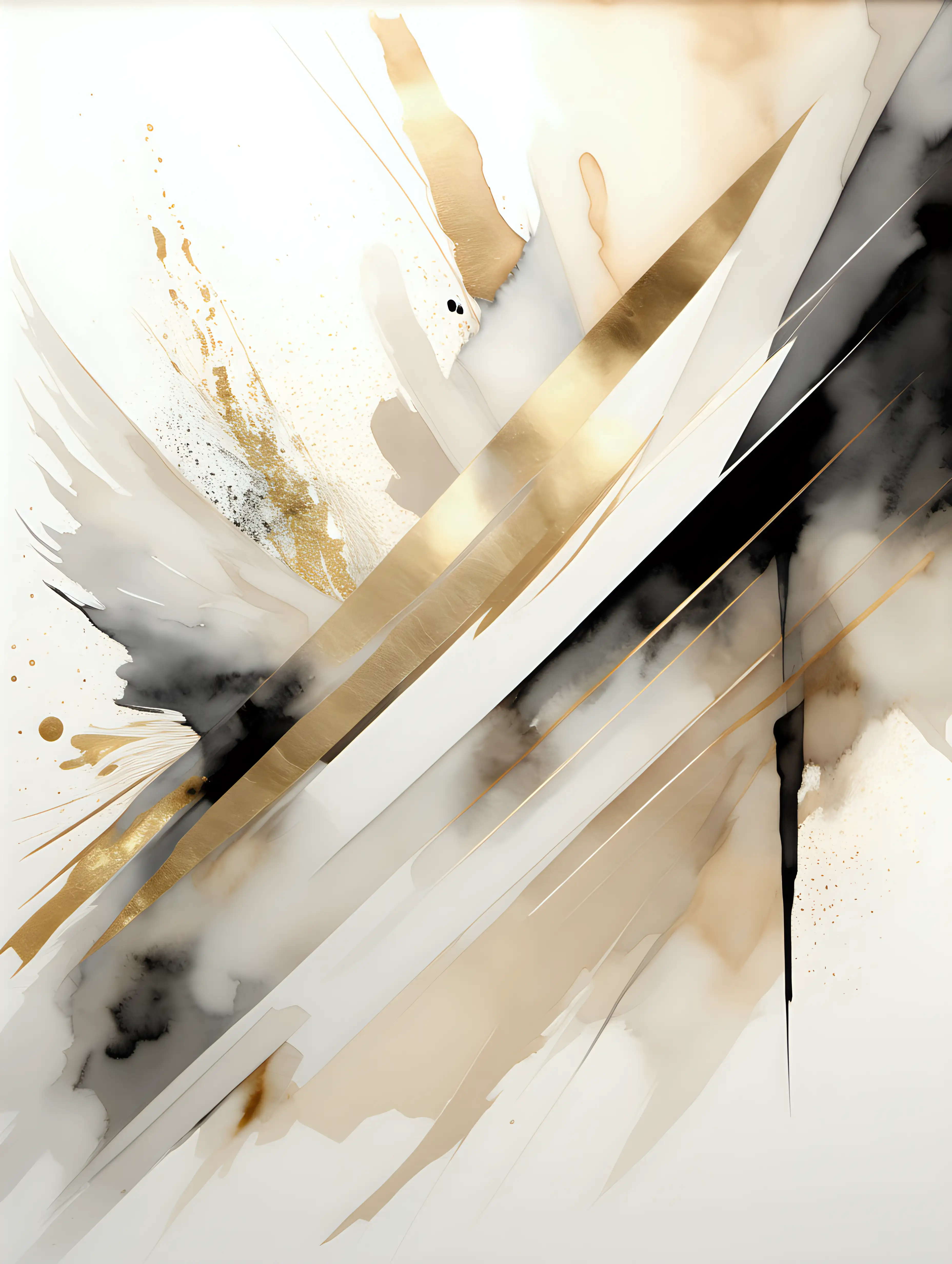 Large modern abstract image that incorporates light watercolours white, beige, gold and black. Diagnal theme