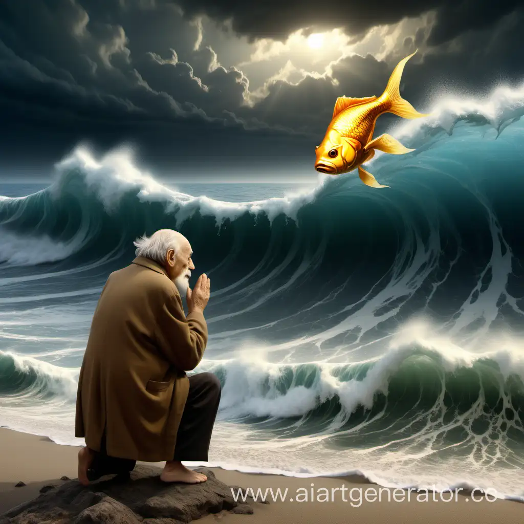 иллюстрация бедный старик смотрит и поклоняется на берегу одной золотой рыбке, которая смотрит на старика и находится напротив него на поверхности волны в море, на фоне изображения пустое море, шторм