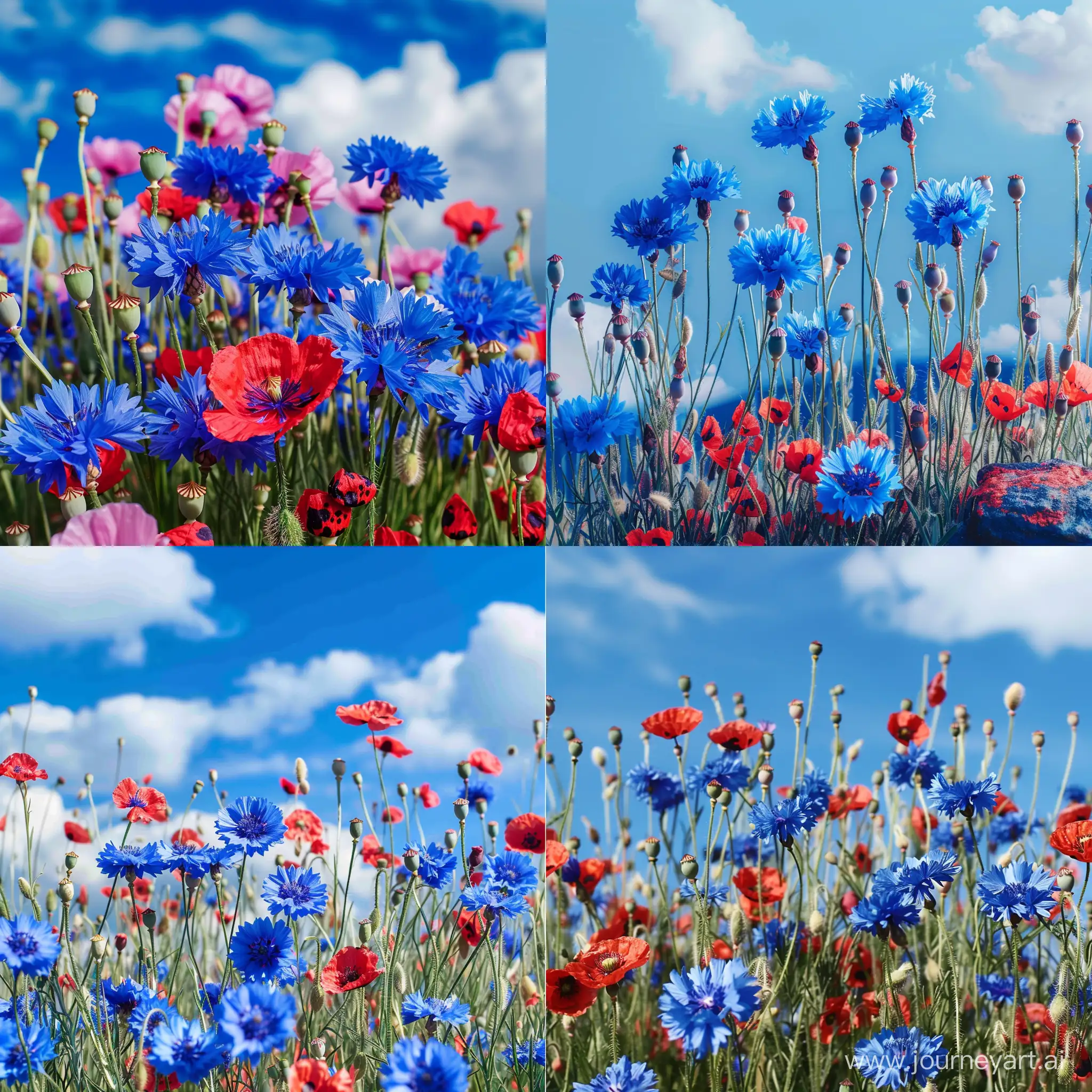 Vibrant-Blue-Cornflowers-and-Red-Poppy-Seeds-Under-a-Clear-Blue-Sky