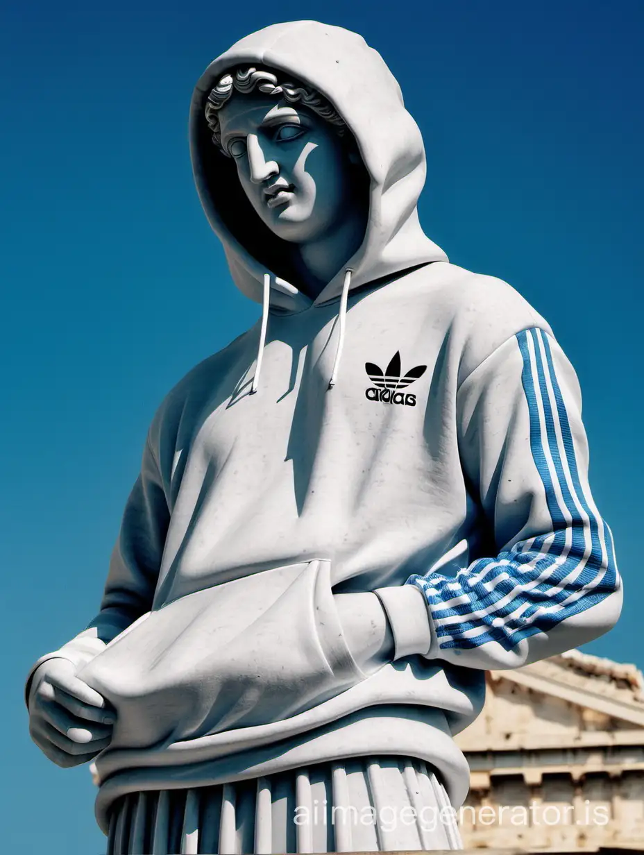 greek statue wearing adidas hoodie