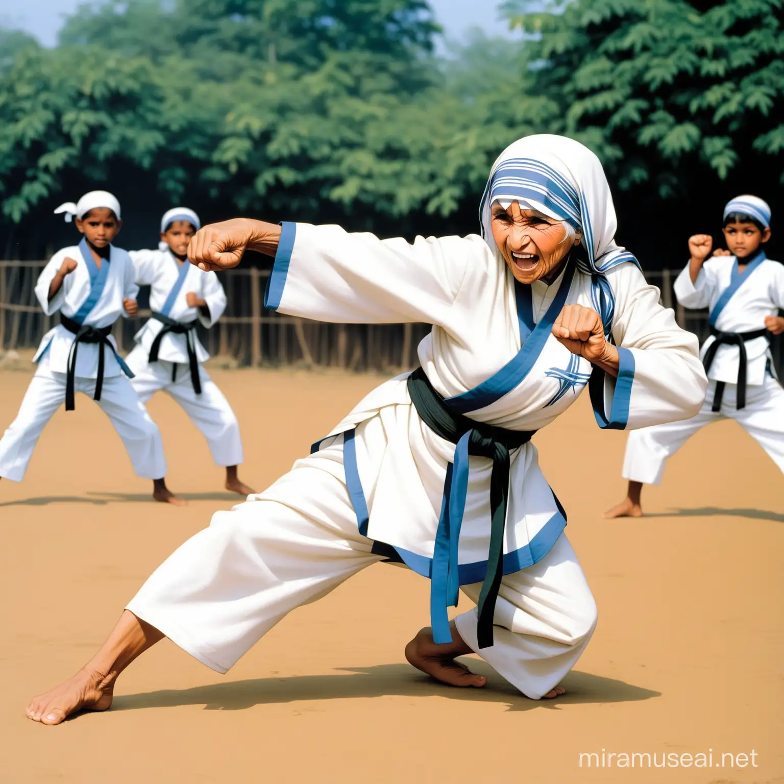 foto de madre teresa de calcutá a lutar estilo karate contra crianças pobres
