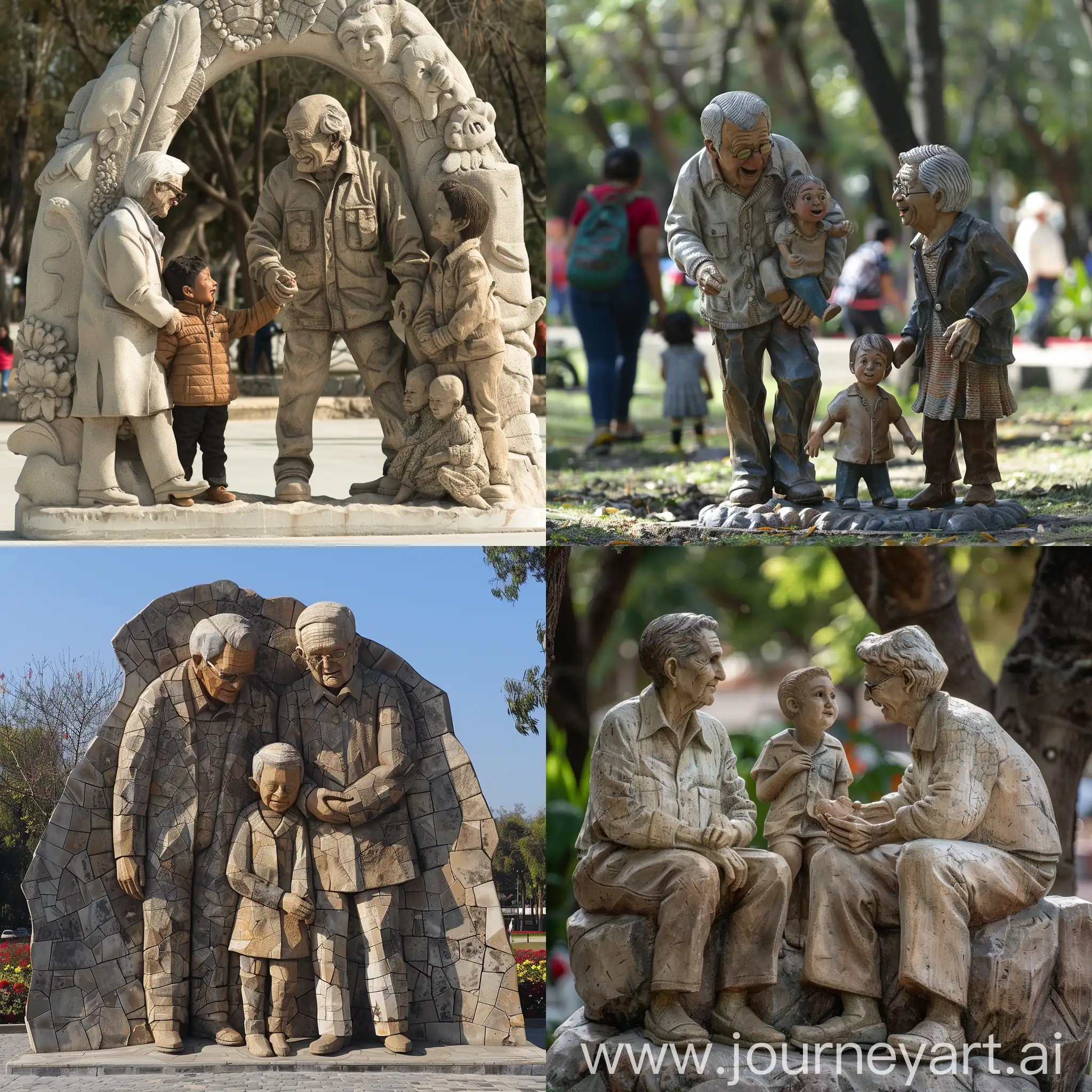 Generame una escultura ubicada en el parque arcos de zapopan segunda sección, donde la escultura haga referencia a la familia, como se relaciona l gente de la tercera edad con los niños que viven allá, colores neutros