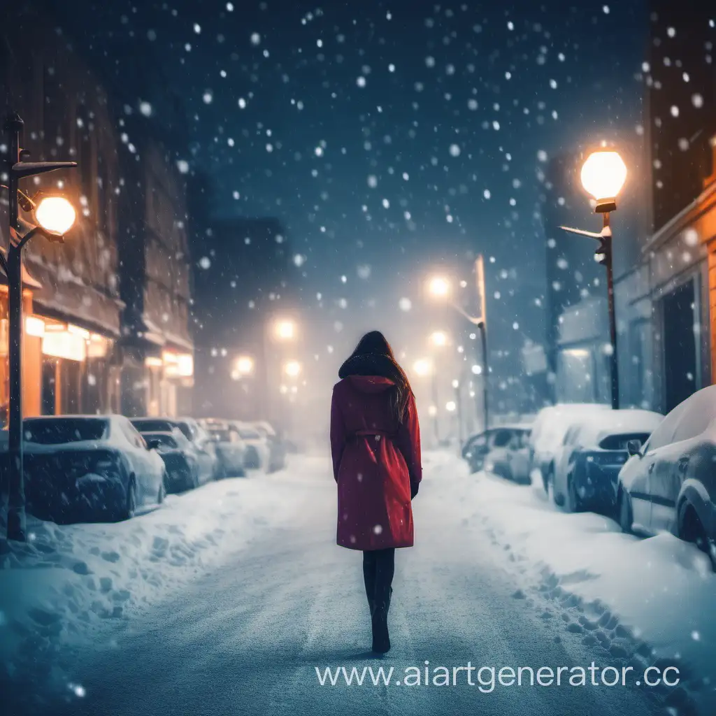Девушка идёт домой по ночному городу зимой, падает снег, эстетично