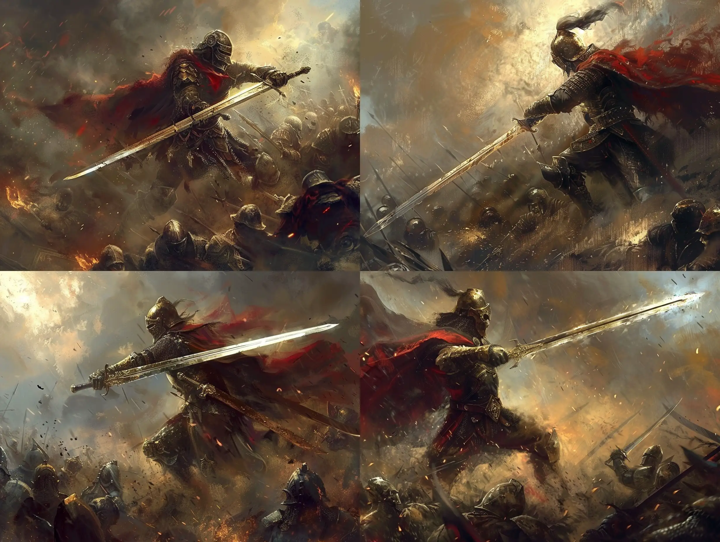 Warrior wilding a majestic sword, fighting hordes of enemies