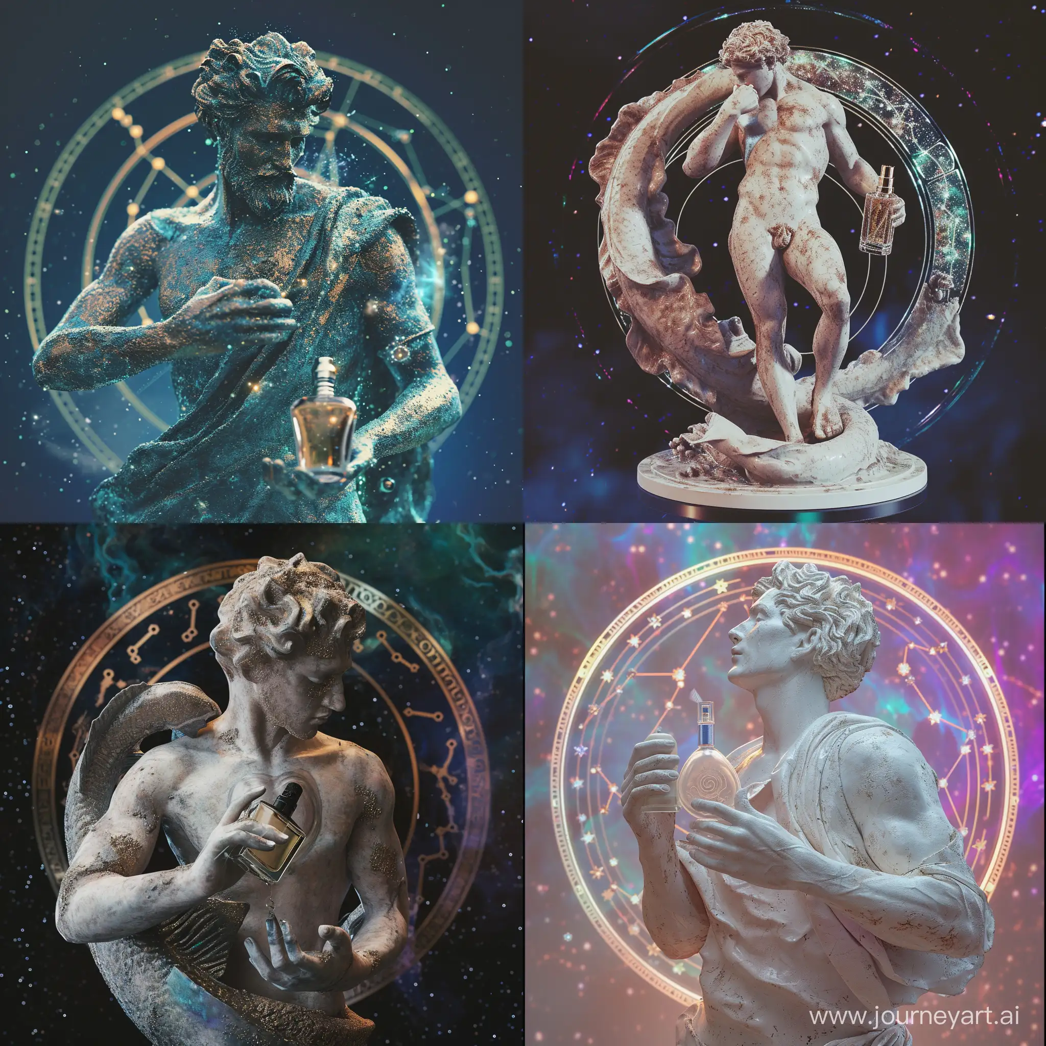 Pisces constellation statue holding a bottle of perfume in his hands! the graceful figure, the clarity and detail of the 8K Ultra HD image, the otherworldly charm, the roughness of space and the stunning full-color image of the background of the zodiac circle, slightly flickering and iridescent, magical and mystical, detailed and photorealistic