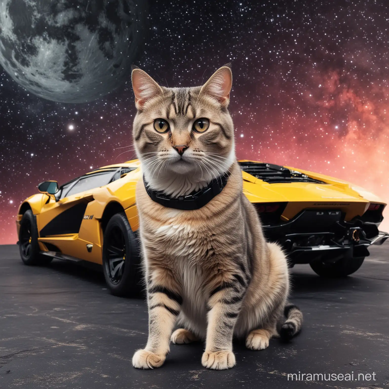 Feline Astronaut Relaxing Beside a Luxurious SpaceThemed Lamborghini