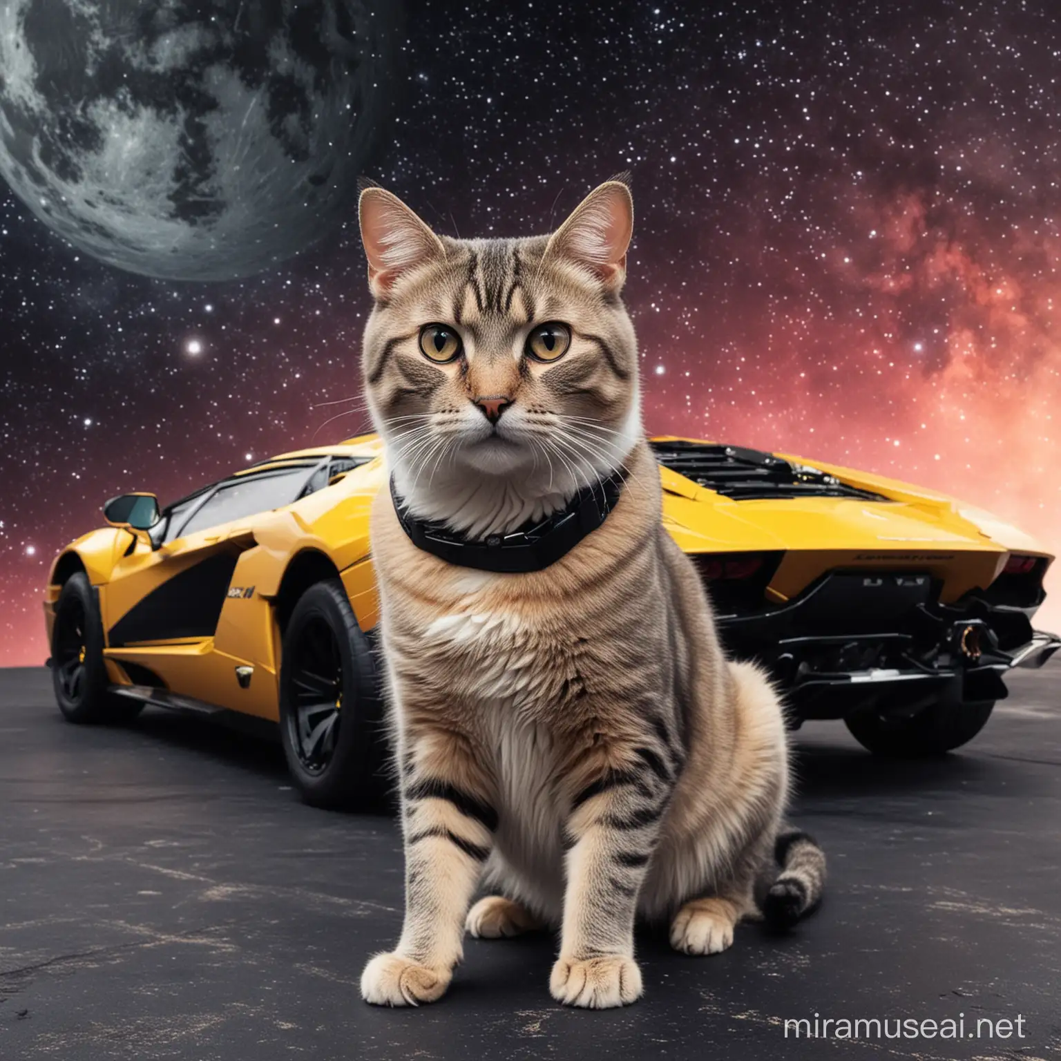 un gato en en el espacio con un lamborgini

