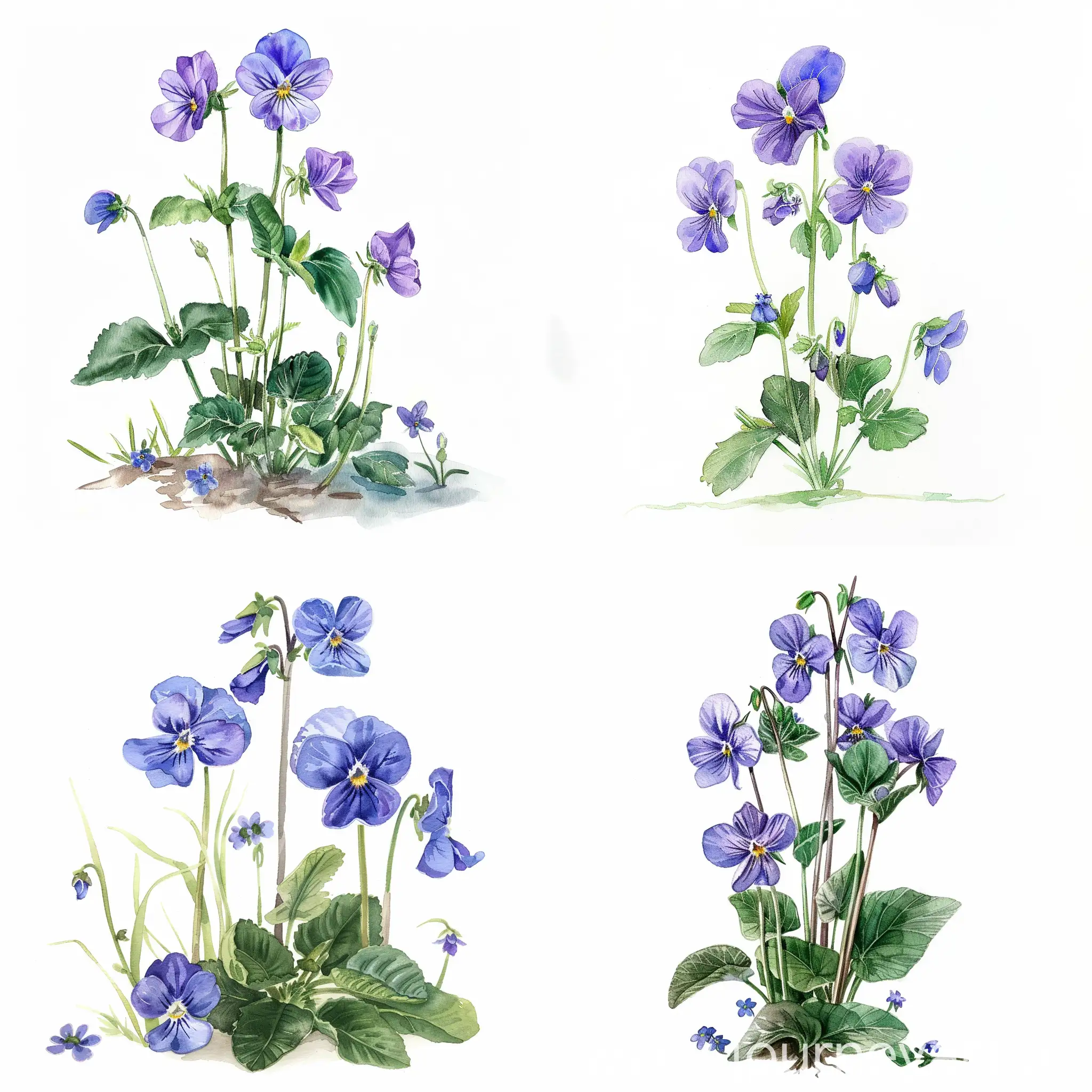 watercolor standing wildflower, with violets, on white background, soft handpainted, detailed