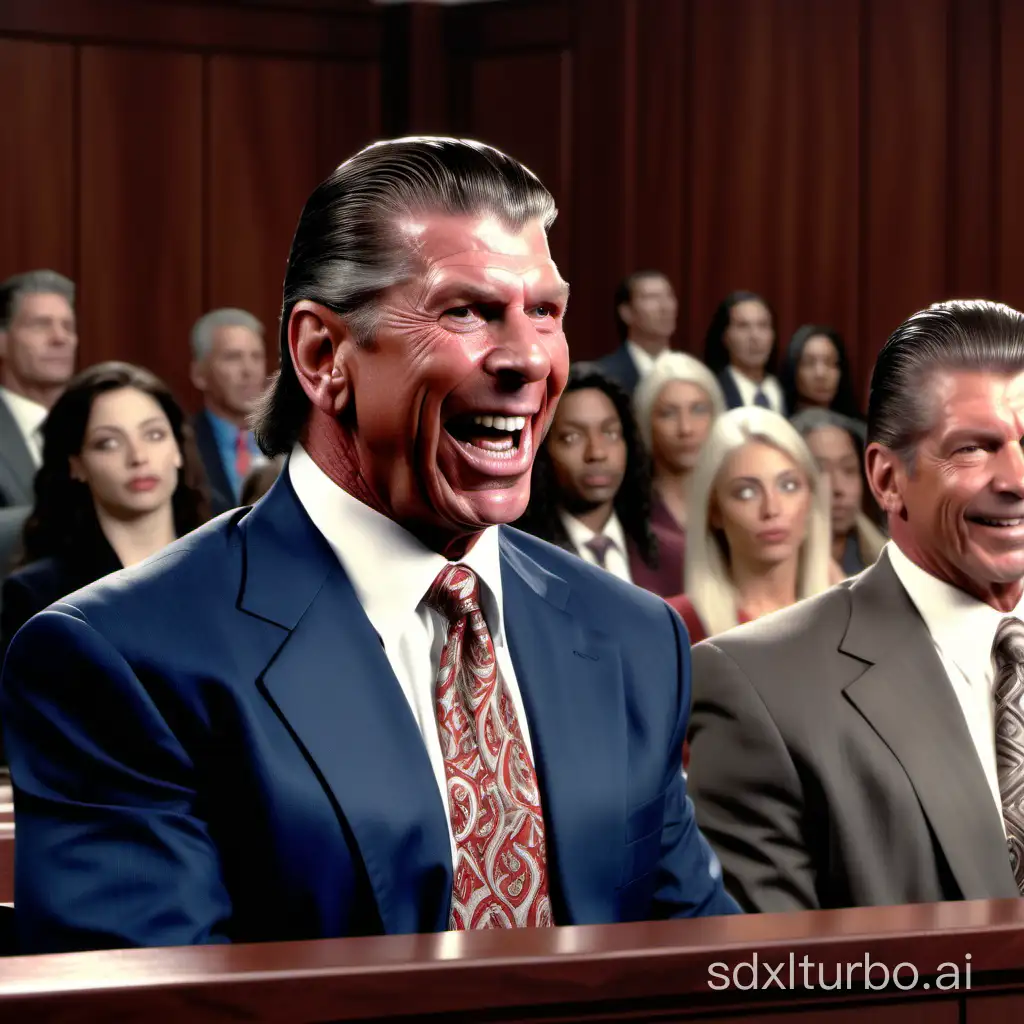 Vince McMahon in court, laughing on the stand. Jury in background looks scared. Ultra realistic. 8k.